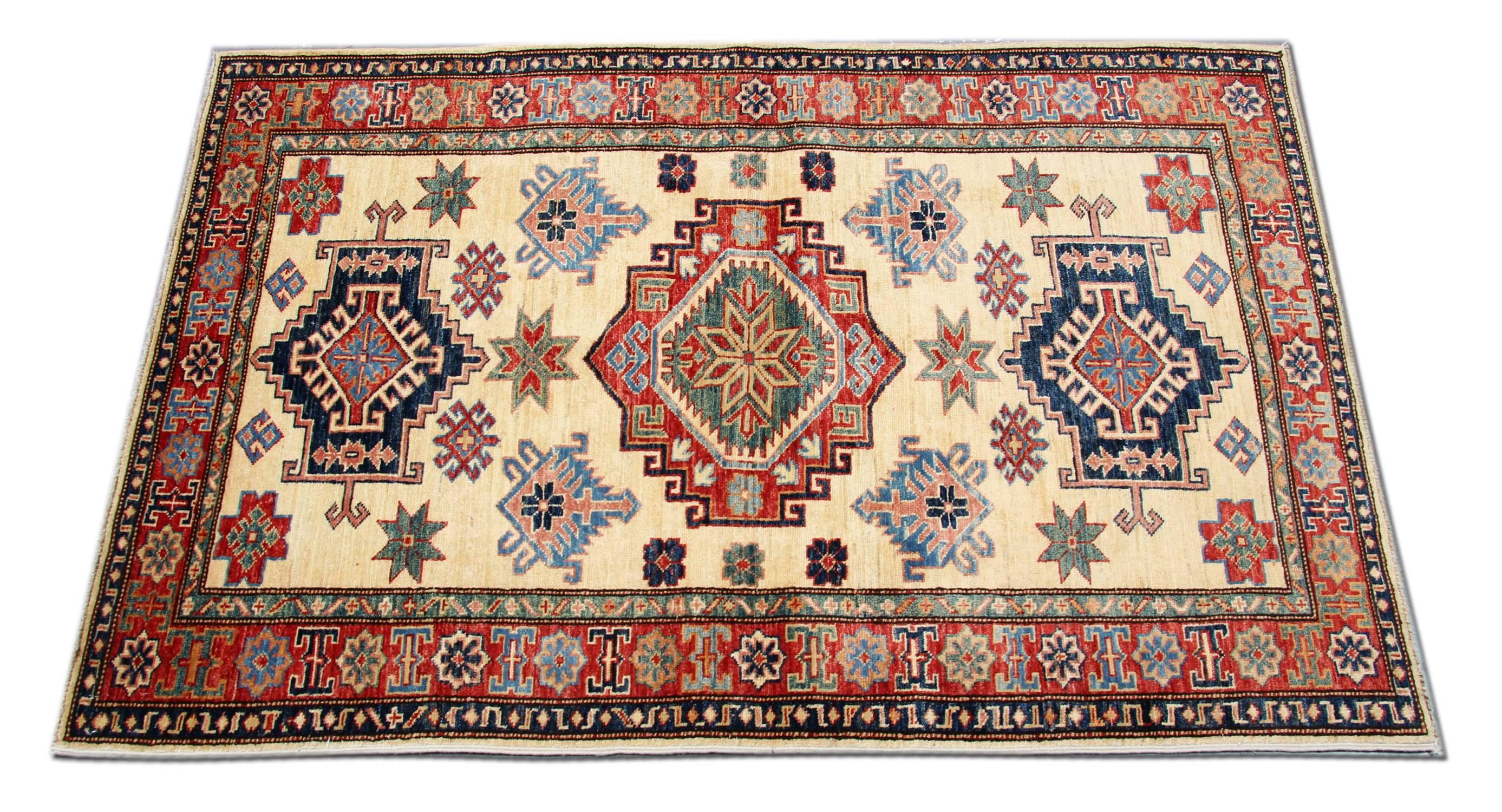 Afghan Handmade Kazak Rugs, Geometric Rugs, Carpet for Sale 98 x 143 cm For Sale