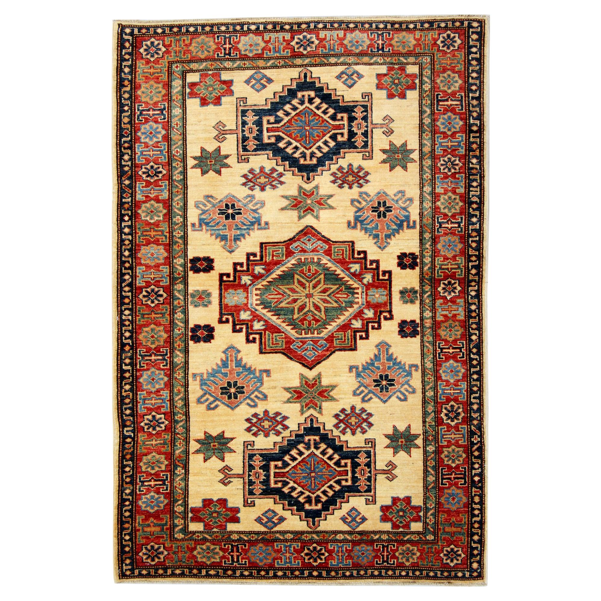 Handmade Kazak Rugs, Geometric Rugs, Carpet for Sale 98 x 143 cm For Sale