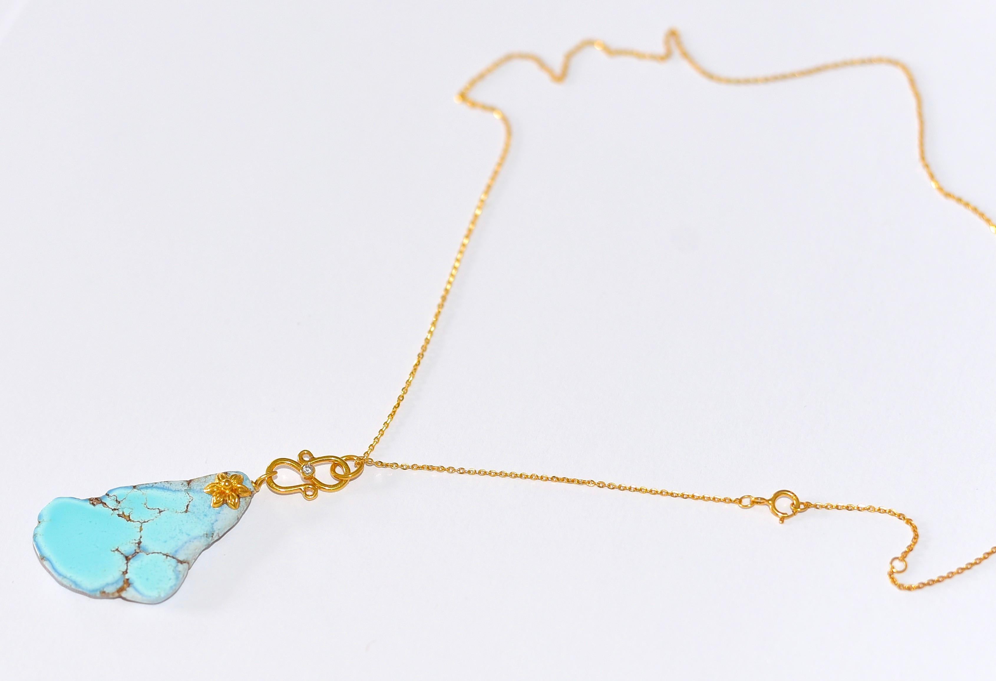 Artisan Kazakhstan Lavender Turquoise Necklace in 18K Solid Yellow Gold, Diamond