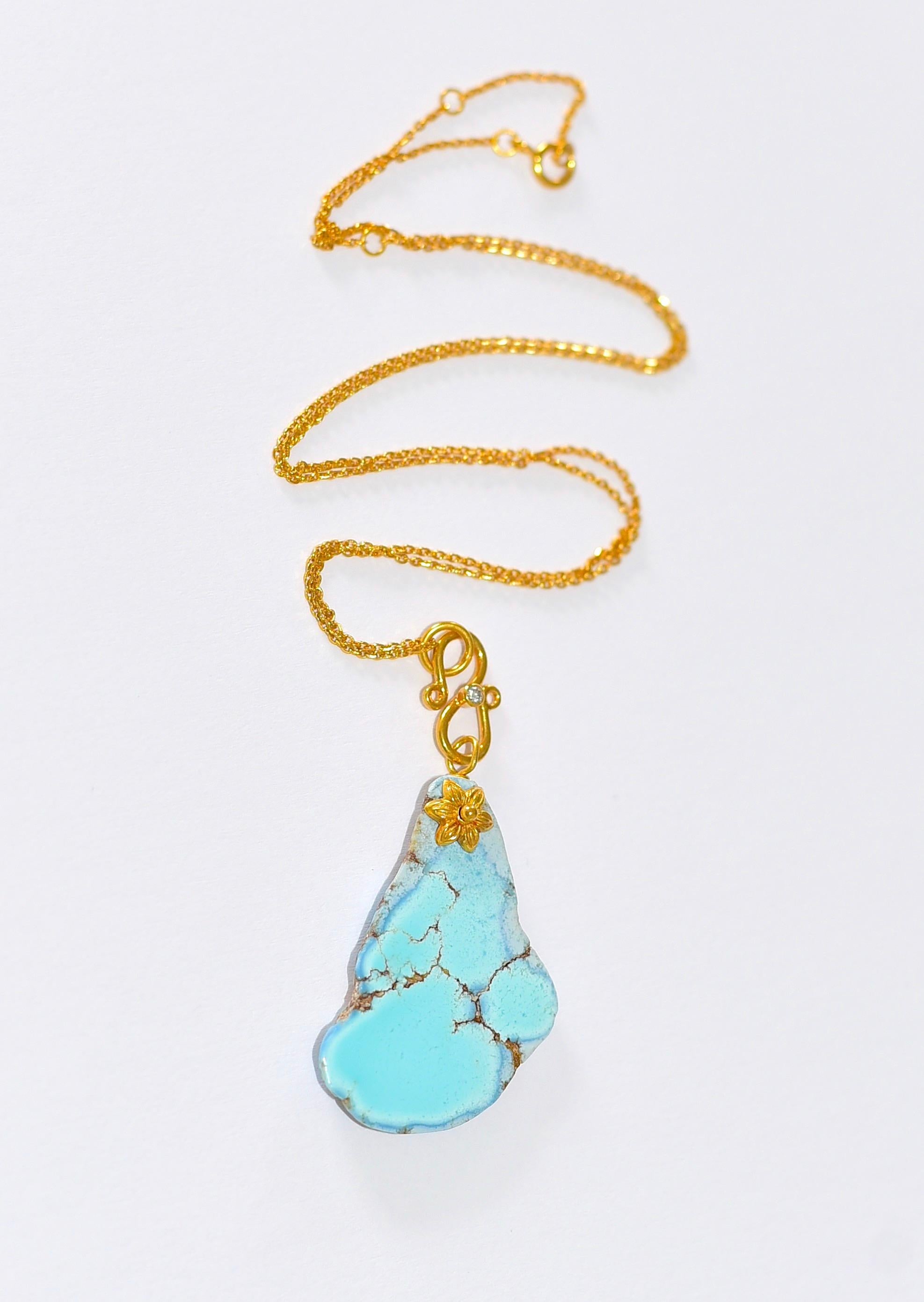 Women's Kazakhstan Lavender Turquoise Necklace in 18K Solid Yellow Gold, Diamond