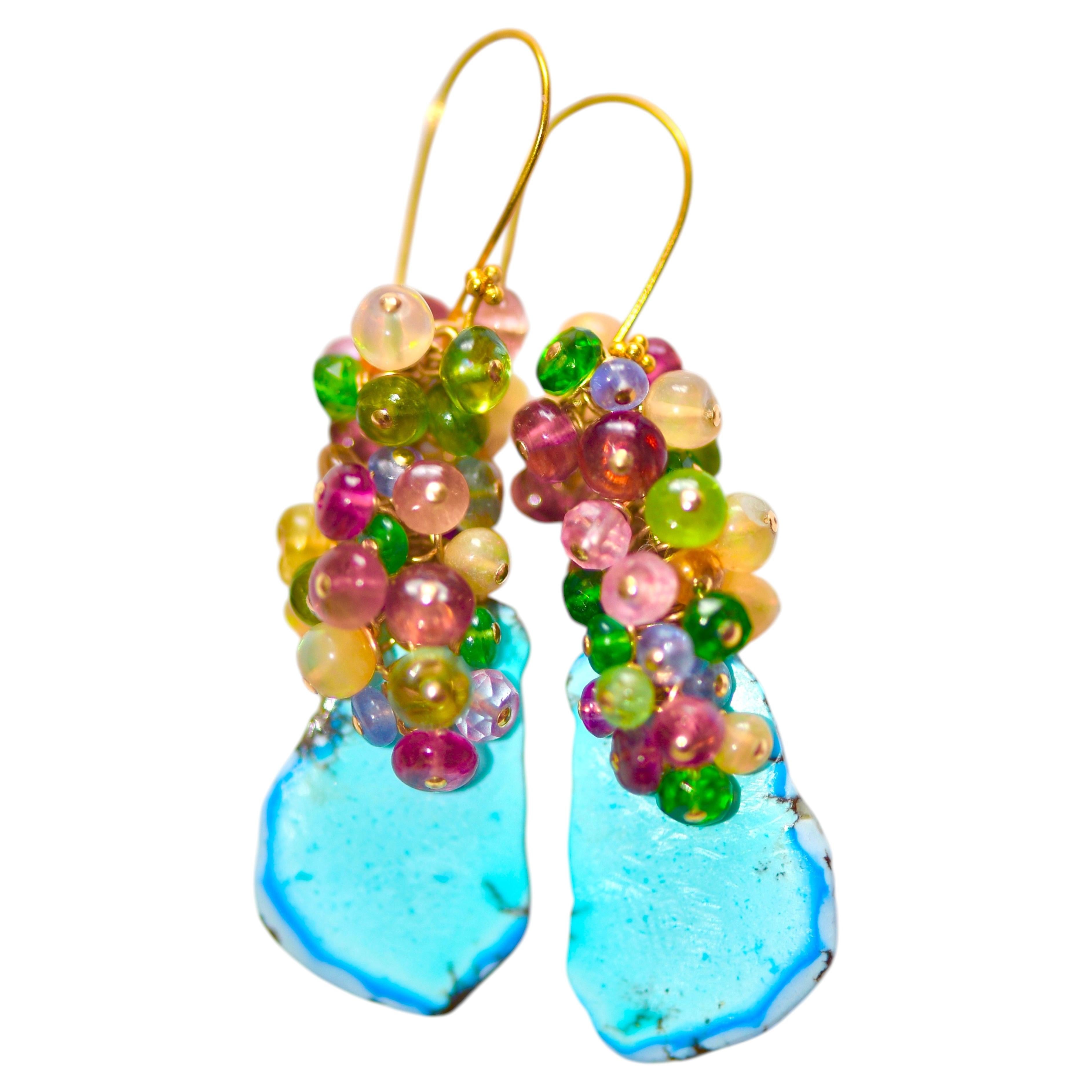 Kazakhstan Turquoise with Multi-Gemstone Earrings in 18K Yellow Gold For Sale