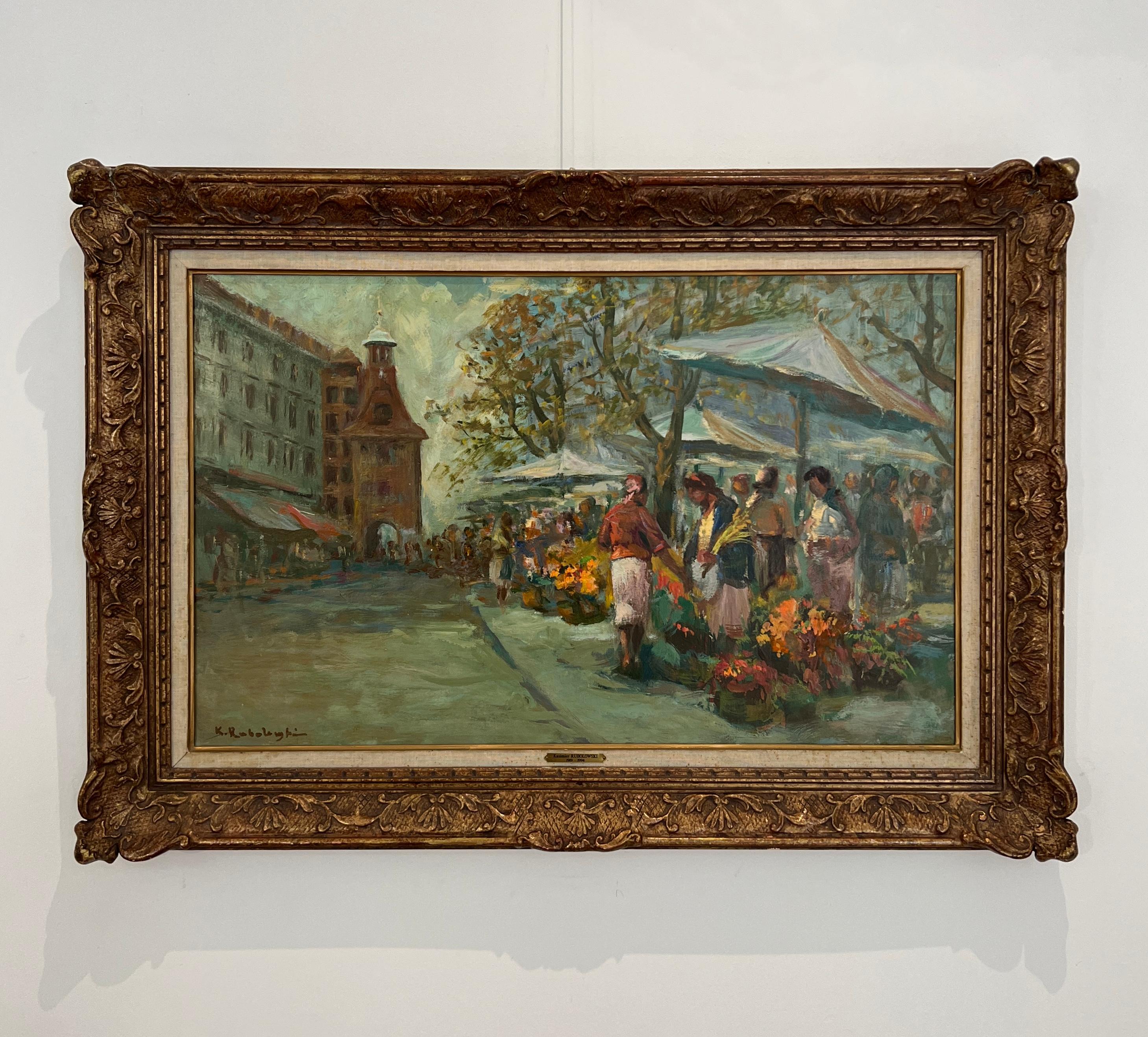 Place of Molard and its flower market - Painting by Kazimier Rubolowski