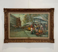 Place of Molard Flower Market, Oil on Panel, Framed, 20th Century