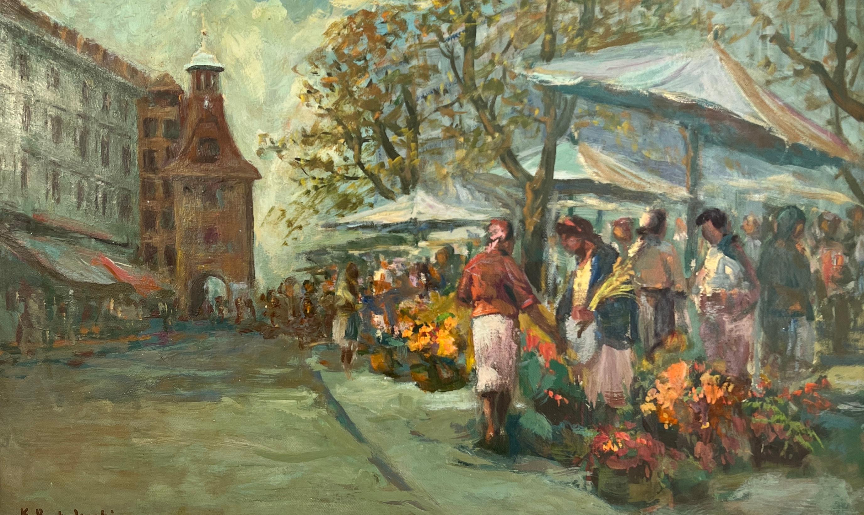 Kazimier Rubolowski Landscape Painting - Place of Molard and its flower market