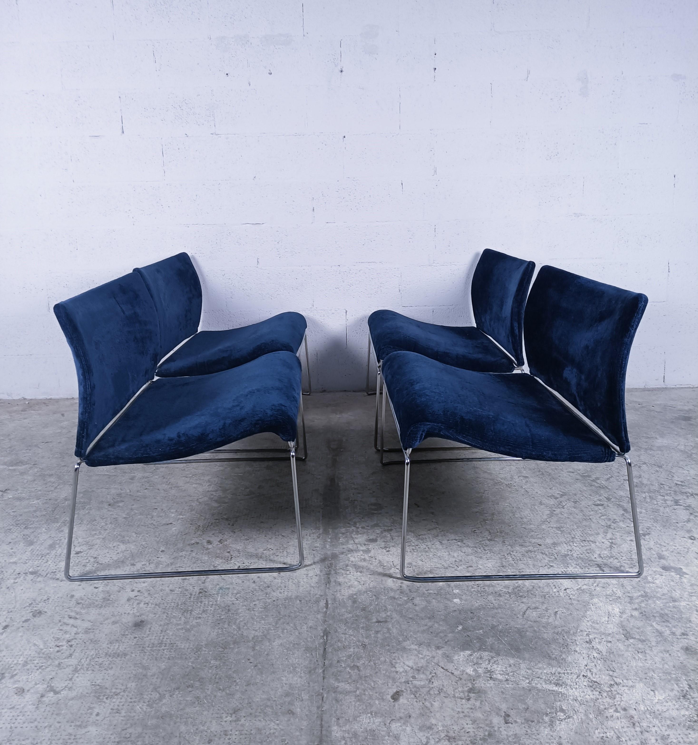 Set of 4 Saghi lounge chairs designed by Kazuhide Takahama for Simon Gavina in 1970s. 
The frames are made of solid bent steel chromed, upholstered in blue velvet.
The 
