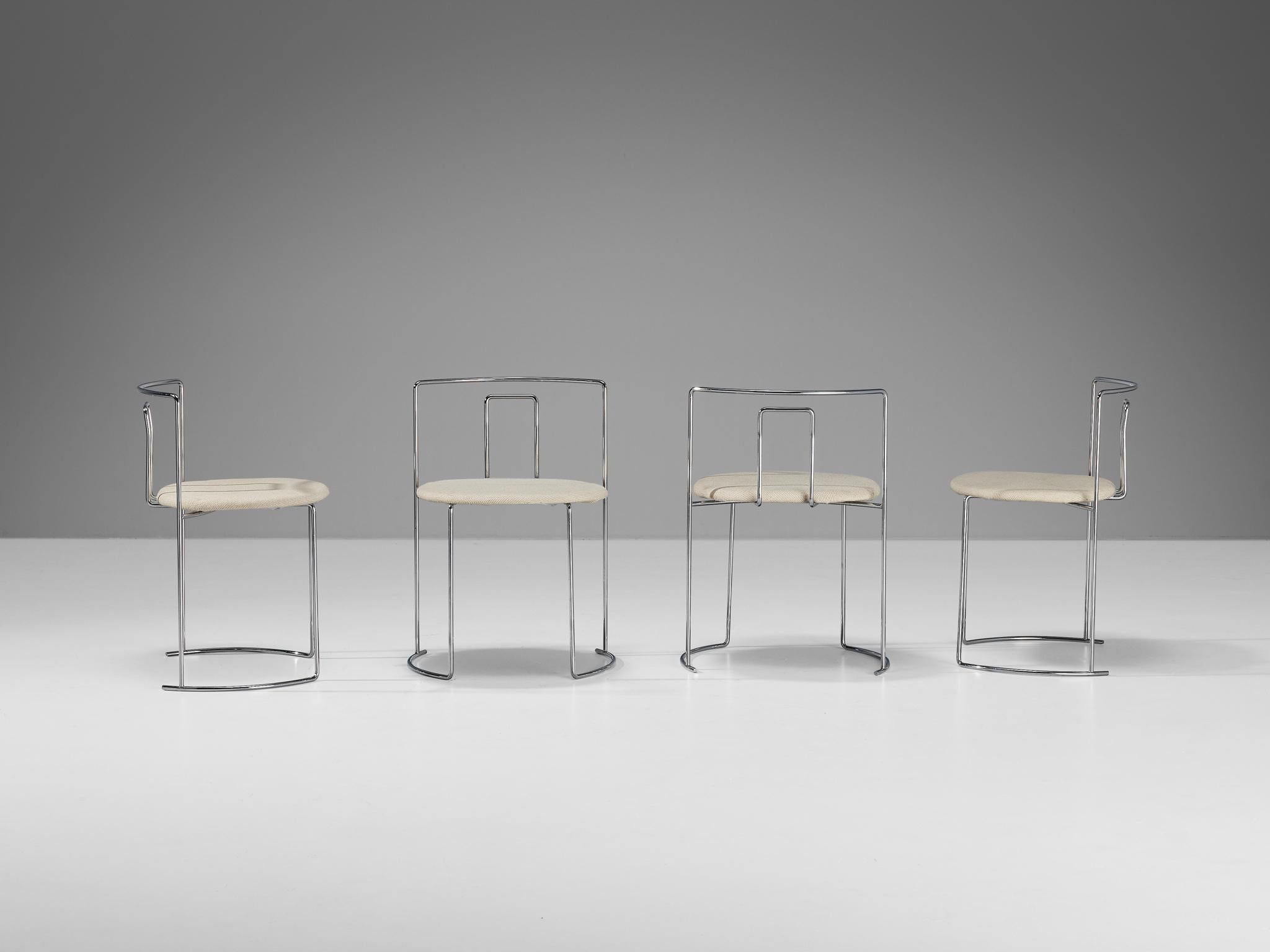 Kazuhide Takahama for Simon Gavina, set of four 'Gaja' chairs, chromed metal, fabric, Italy, design 1979

Set of four beautiful and delicate dining chairs designed by Kazuhide Takahama in 1979. The frames of these chairs are elegant and subtle, due