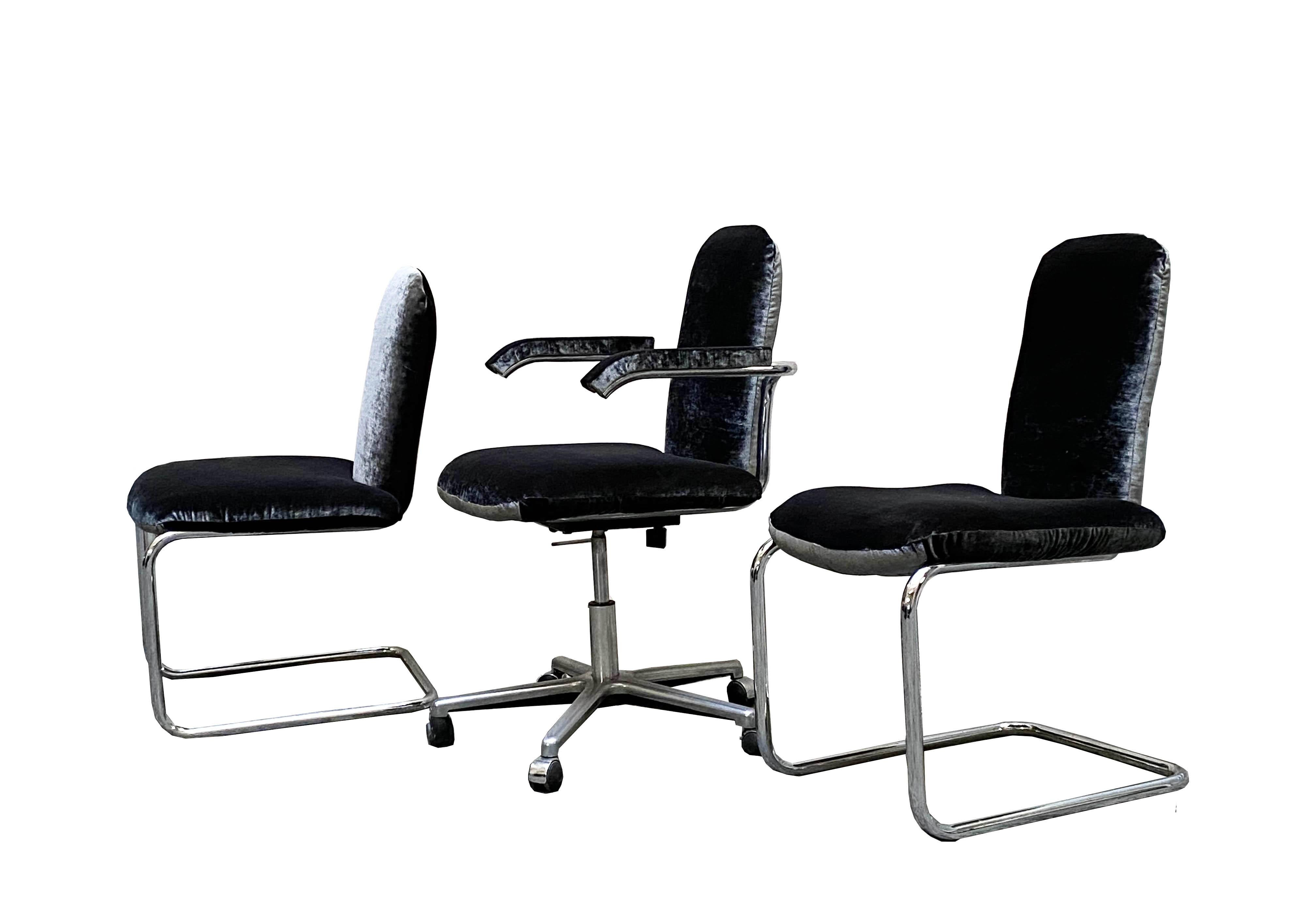 Beautiful and rare set of 3 chairs designed by Kazuhide Takahama for Simon Gavina, Italy 1970s, in metallic grey velvet and steel frame, with velvet arm covers. The chairs are in good condition.