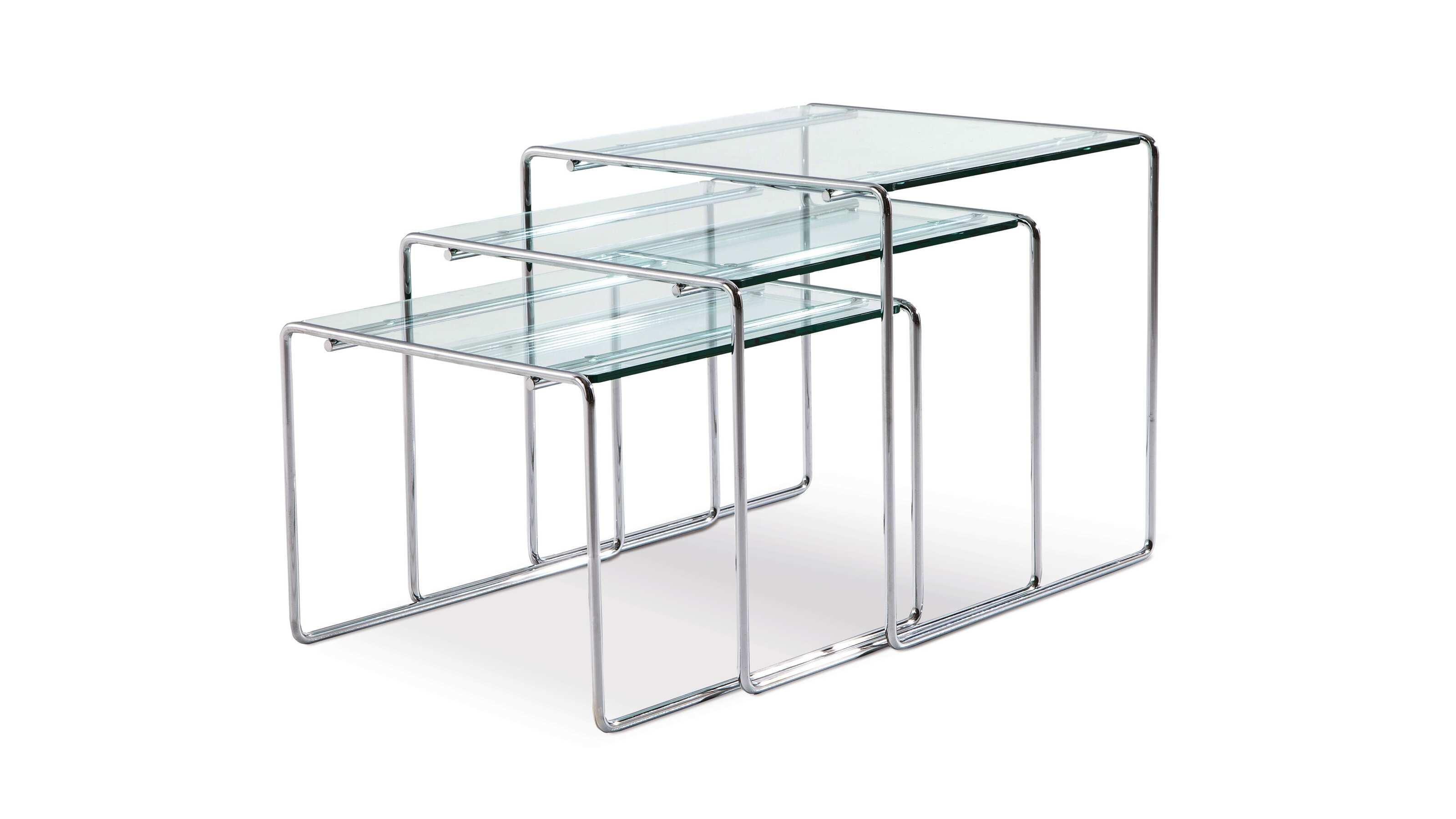 Kazuhide Takahama Set of Three Marcel T Coffee Tables For Cassina

The Marcel T stackable design low tables form a triptych of graceful stackable shapes made of chrome-plated tubular steel, a material distinctive to many projects by the Japanese