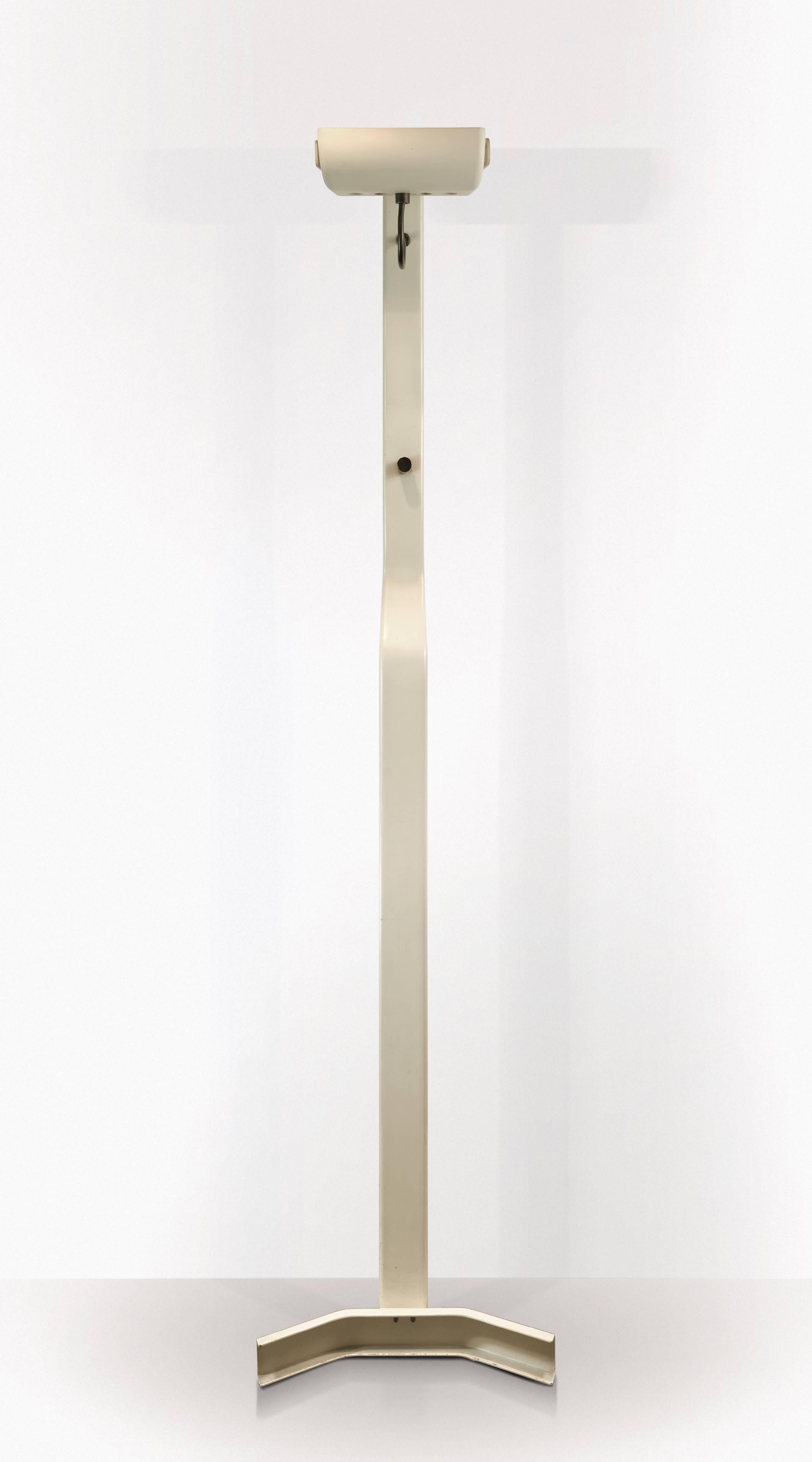 White metal floor lamp designed by Kazuhide Takahama, produced by Sirrah.
The lamp has adjustable reflector and brightness controller on the switch.
 