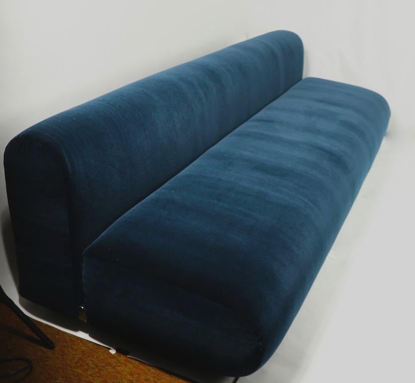 Extra long (98 inch) version of the Classic Suzanne sofa, designed by Kazuhide Takahama made by Gavina for Knoll, circa 1960s. This example has been newly reupholstered in stunning blue mohair, it is clean and ready to use.