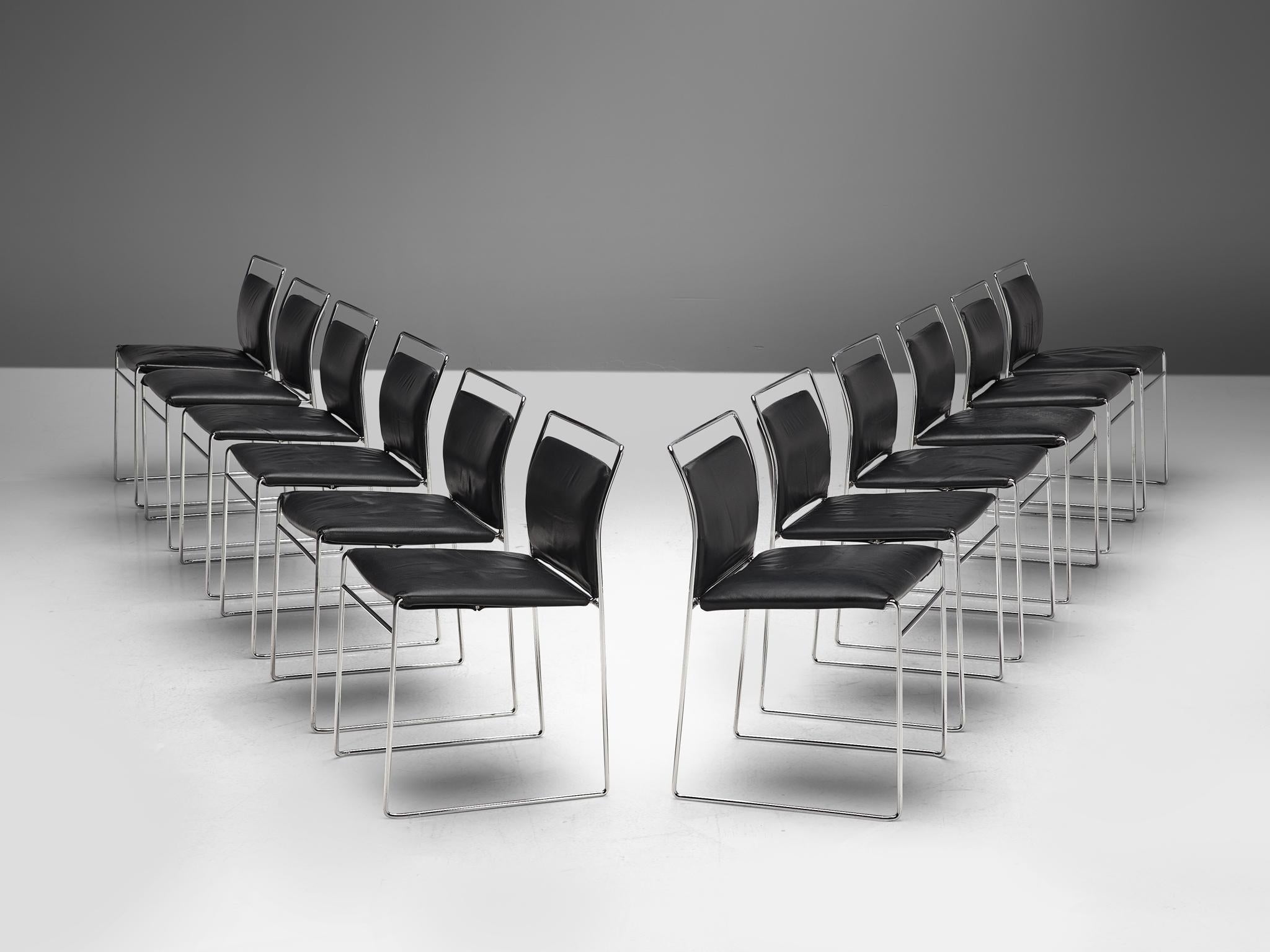 Kazuhide Takahama for Simon Gavina, set of 12 'Tulu' dining chairs, leather and steel, Italy, 1968.

The 'Tulu' chairs were designed by Kazuhide Takahama and is one of the first models that applied the rod, back in time a renewed way of tube