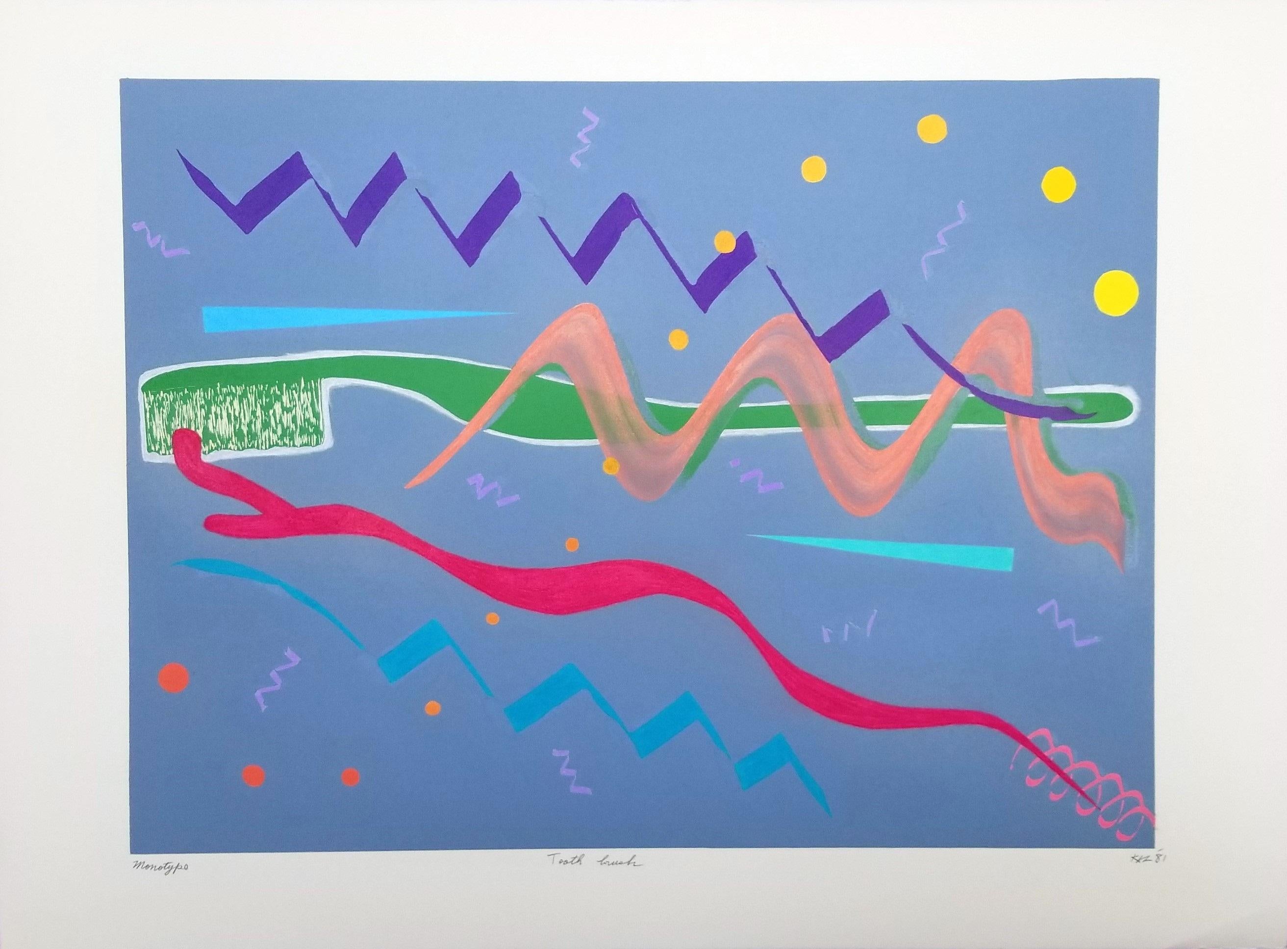 Zahnbürste /// Zeitgenössische abstrakte Kunst Monotypie The Rolling Stones Farbenfroh – Print von Kazuhide Yamazaki