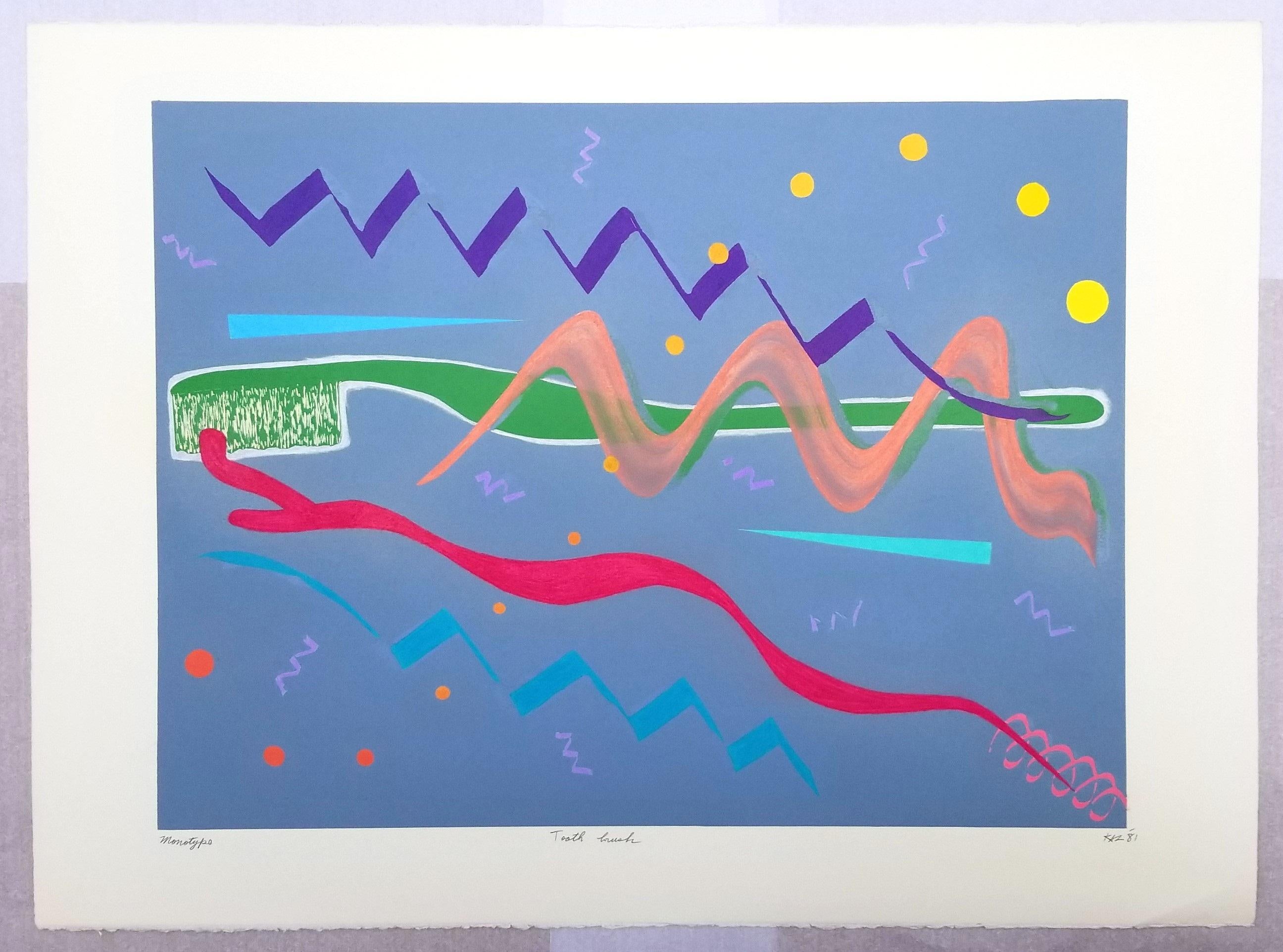 Zahnbürste /// Zeitgenössische abstrakte Kunst Monotypie The Rolling Stones Farbenfroh (Geometrische Abstraktion), Print, von Kazuhide Yamazaki