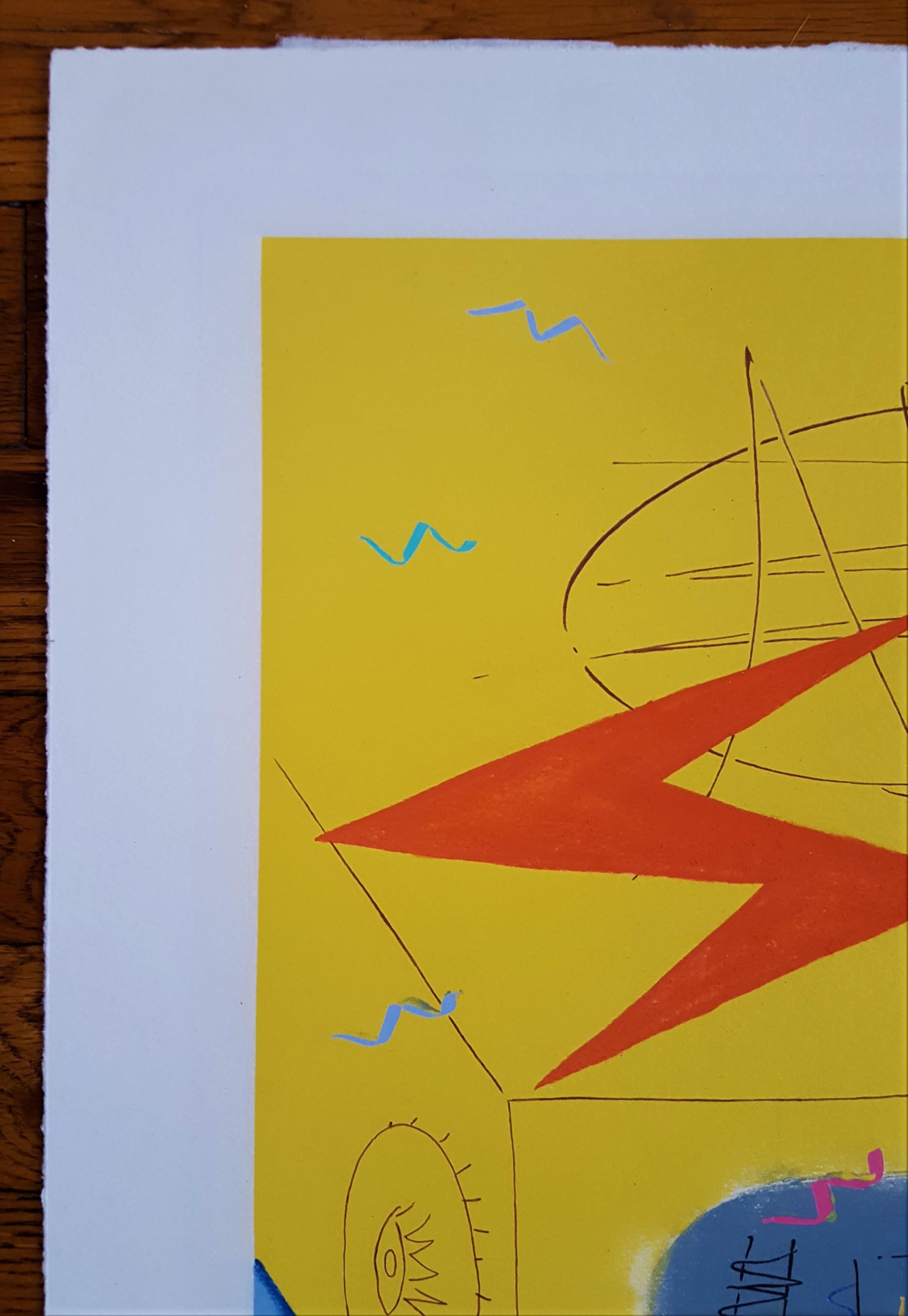 Yellow Alarm Clock Radio /// Contemporary Pop Art Abstract The Rolling Stones - Bleu Abstract Print par Kazuhide Yamazaki