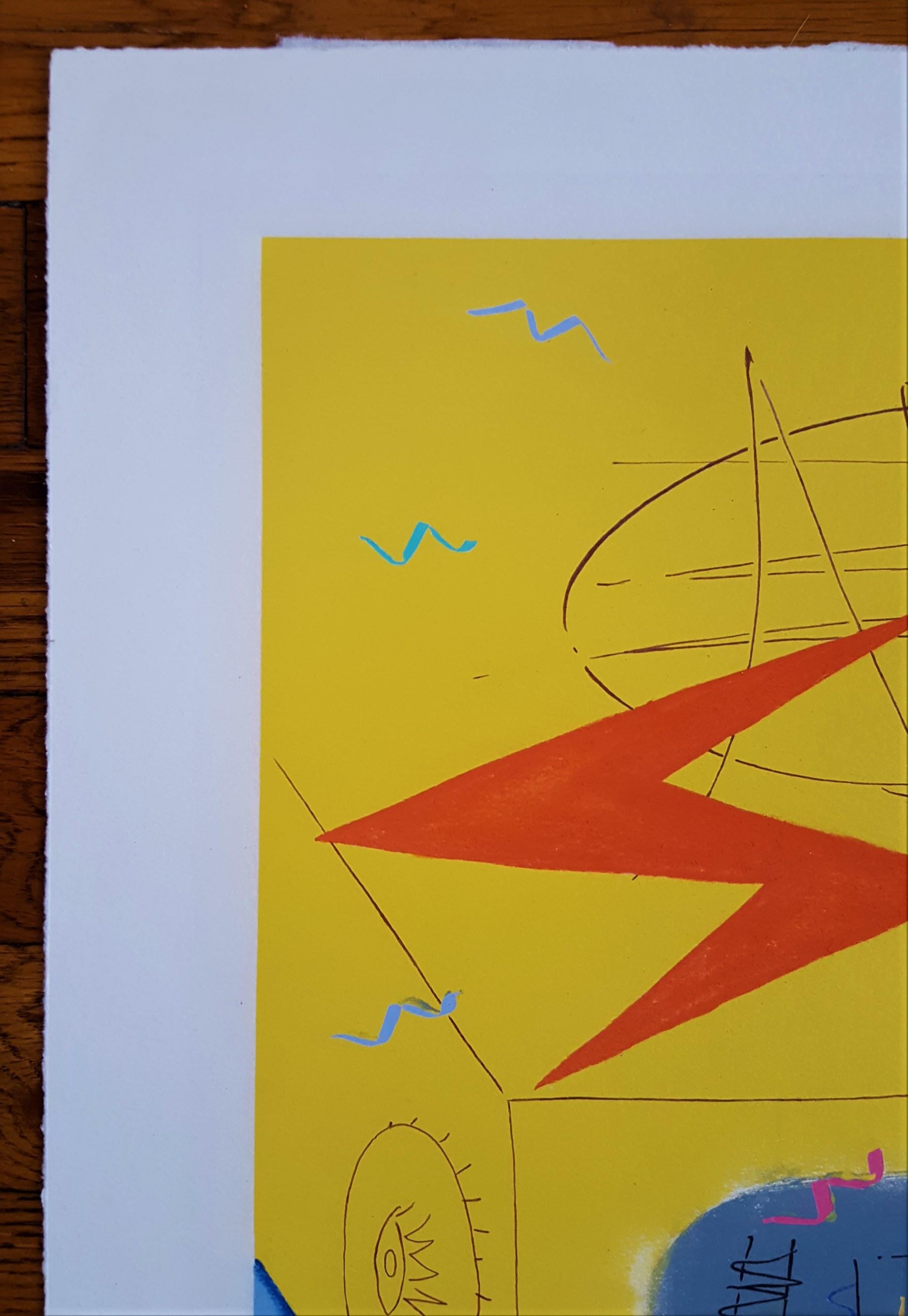 Radio jaune Alarm Clock /// Contemporary Pop Art Abstract The Rolling Stones - Bleu Abstract Print par Kazuhide Yamazaki