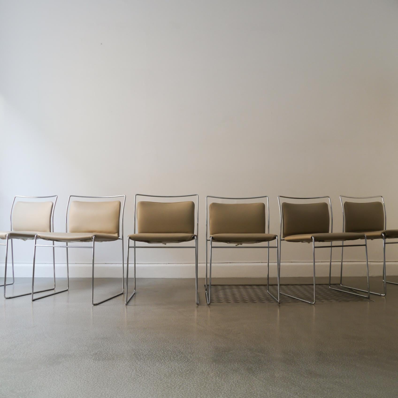Original tubular chrome Tulu chairs designed by Kazuide Takahama for Simon Gavina, Cassina in 1968. This stackable chair has a light, tubular frame made in bent chrome. It has beautiful, clean lines typical of Takahama's designs during the late 60s