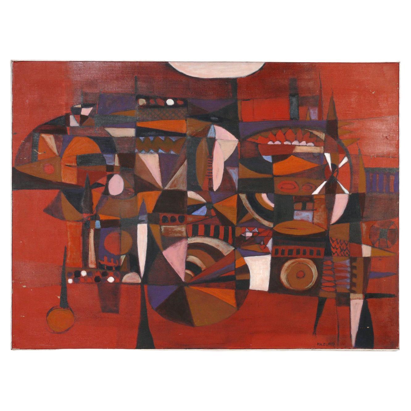Kazuko Inoue Peinture moderniste abstraite précoce circa 1960 Grande échelle 51" x 38"
