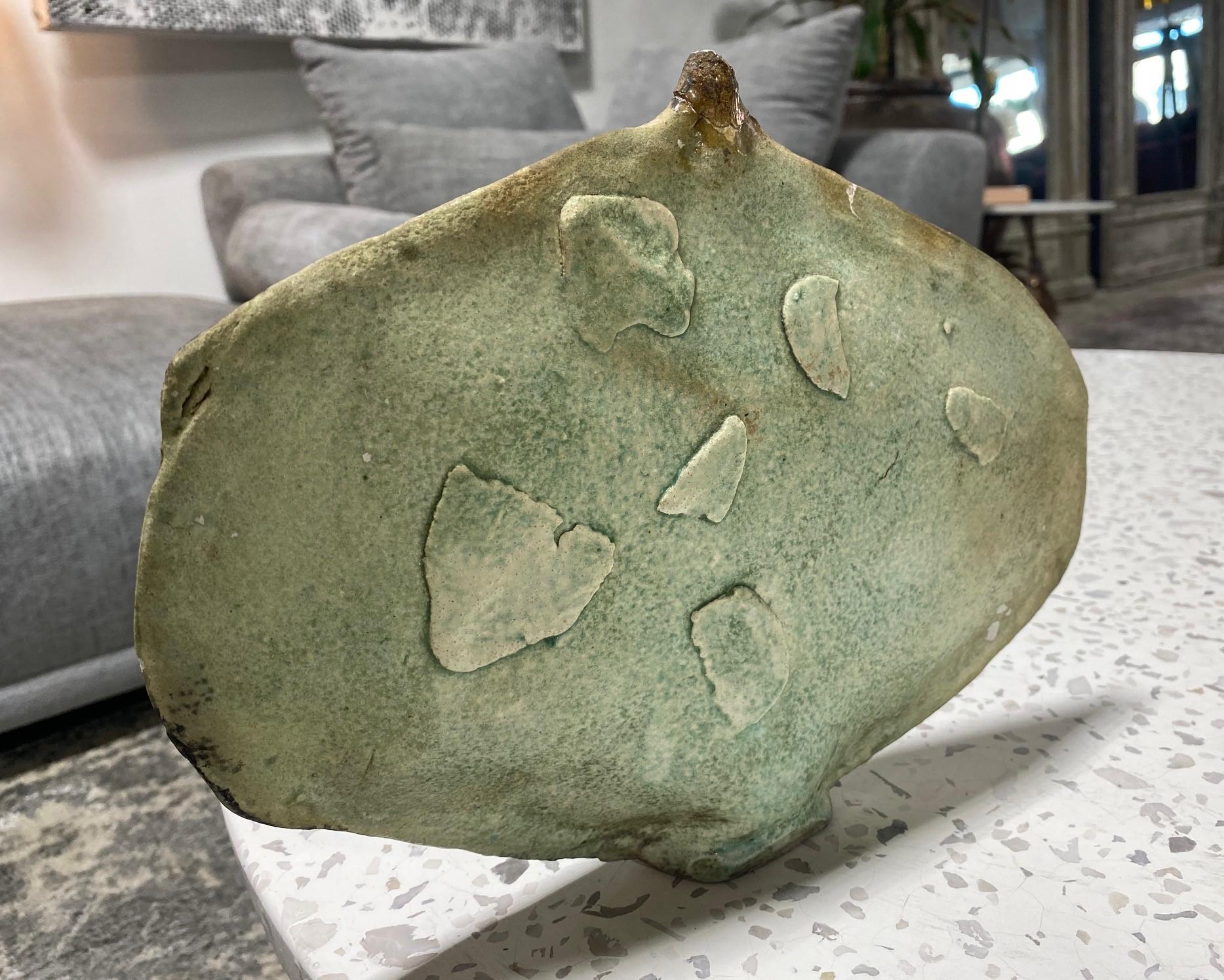 American Kazuko Matthews Signed Flattened Green Glazed Sculptural Pottery Vase Vessel For Sale