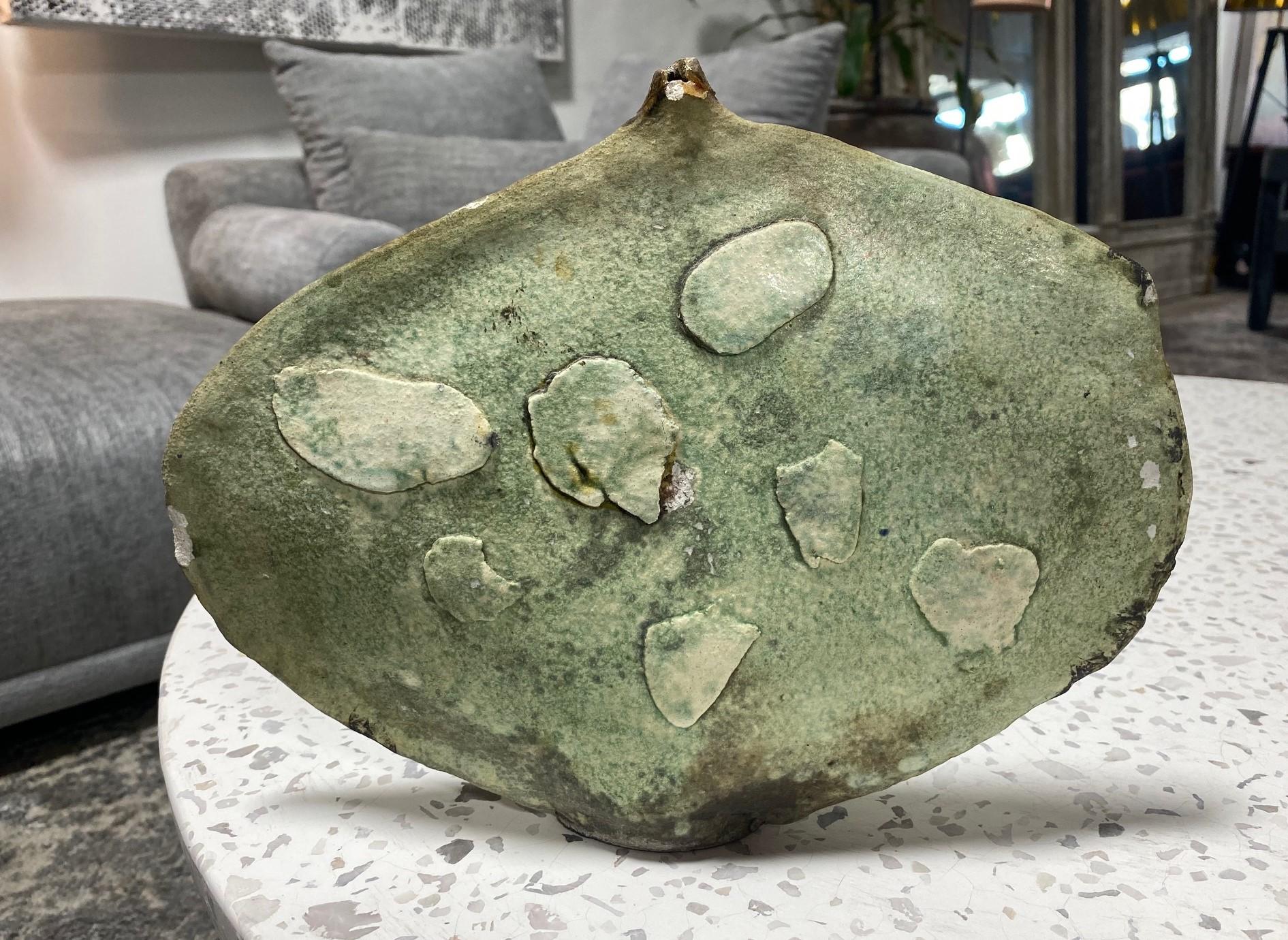 20th Century Kazuko Matthews Signed Flattened Green Glazed Sculptural Pottery Vase Vessel For Sale