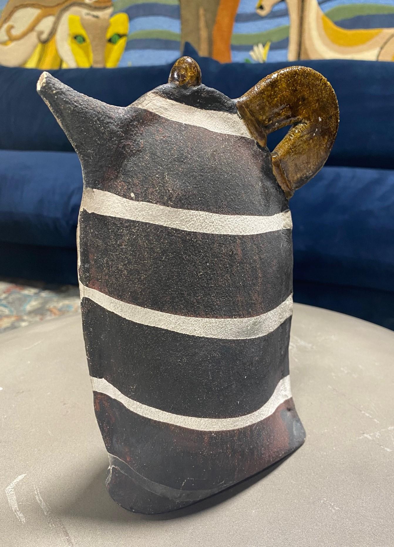 Hand-Crafted Kazuko Matthews Signed Flattened Postmodernist Stoneware Teapot Vase Vessel