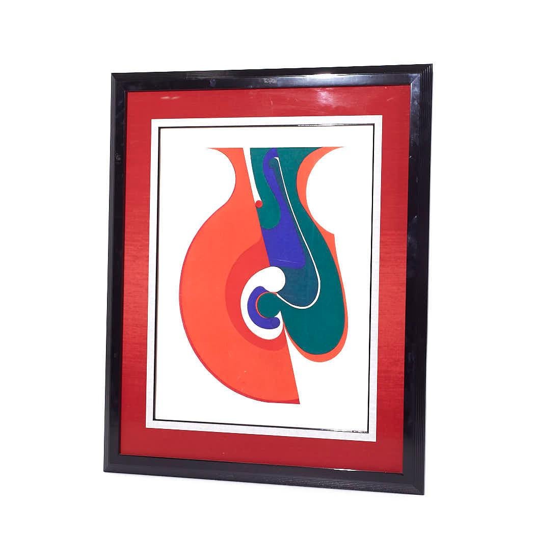 Mid-Century Modern Kazumi Amano Mid Century Red and Blue Abstract Signed Print 11/30 1968 For Sale