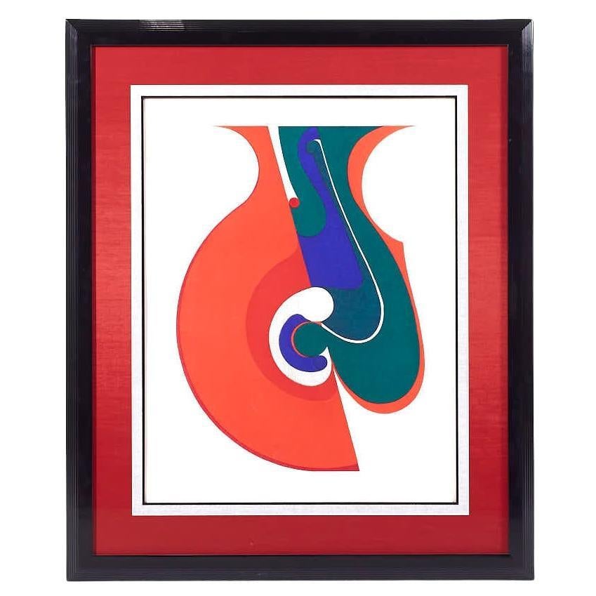 Kazumi Amano Mid Century Red and Blue Abstract Gravure signée 11/30 1968 en vente