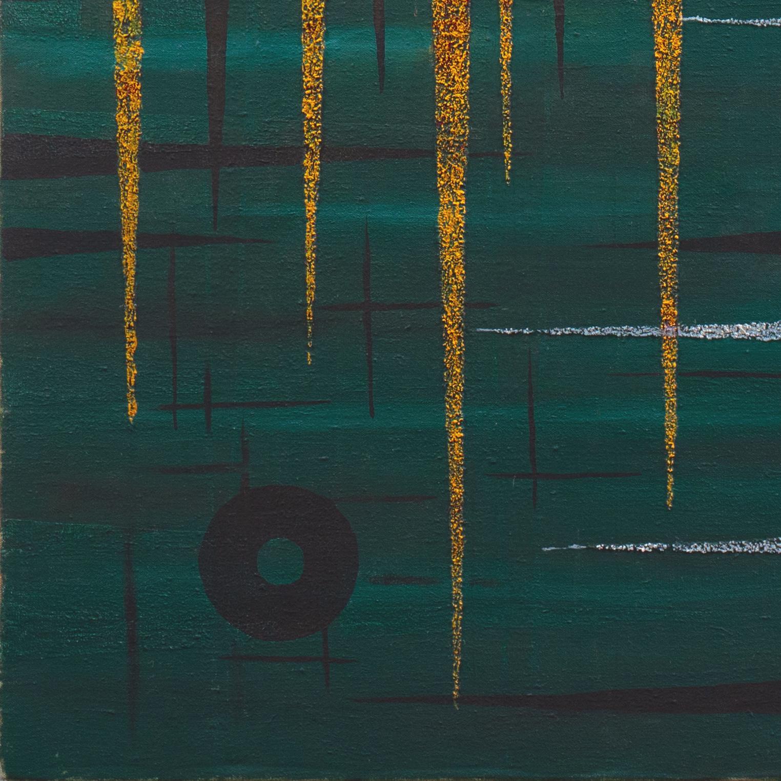 'Astratto geometrico', olio giapponese di metà secolo, Saitama, Hanno City, Iwasawa - Abstract Painting Nero di Kazuo Miyoshi