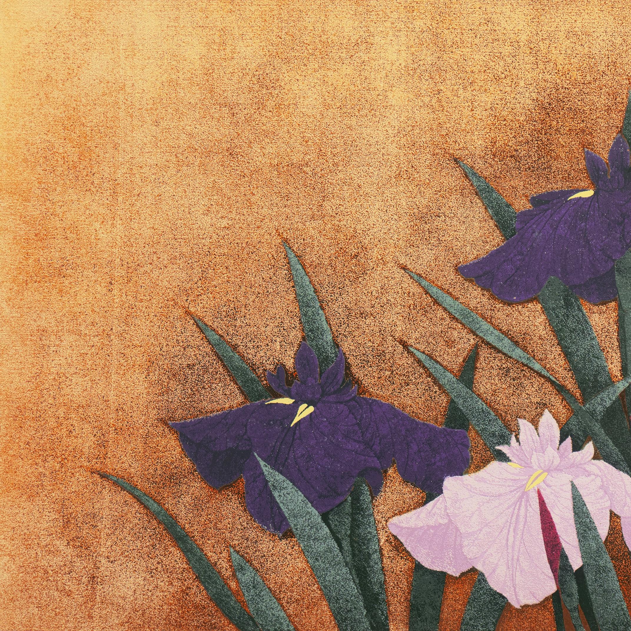 'Irises, Indigo and Gold', Kyoto National Museum, Japanese Silk Screen, Nihonga For Sale 1