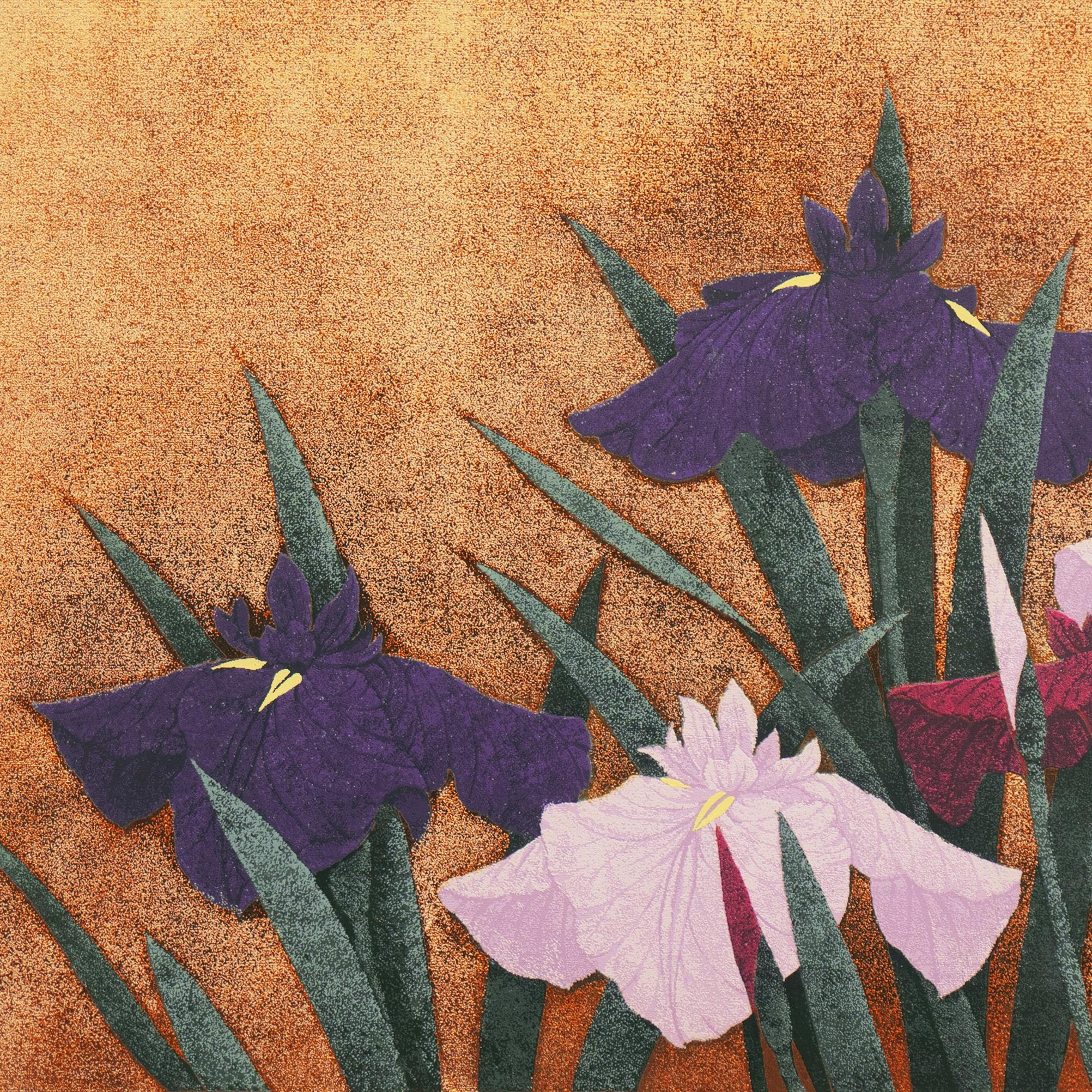'Irises, Indigo and Gold', Kyoto National Museum, Japanese Silk Screen, Nihonga - Orange Still-Life Print by Kazutoshi Sugiura