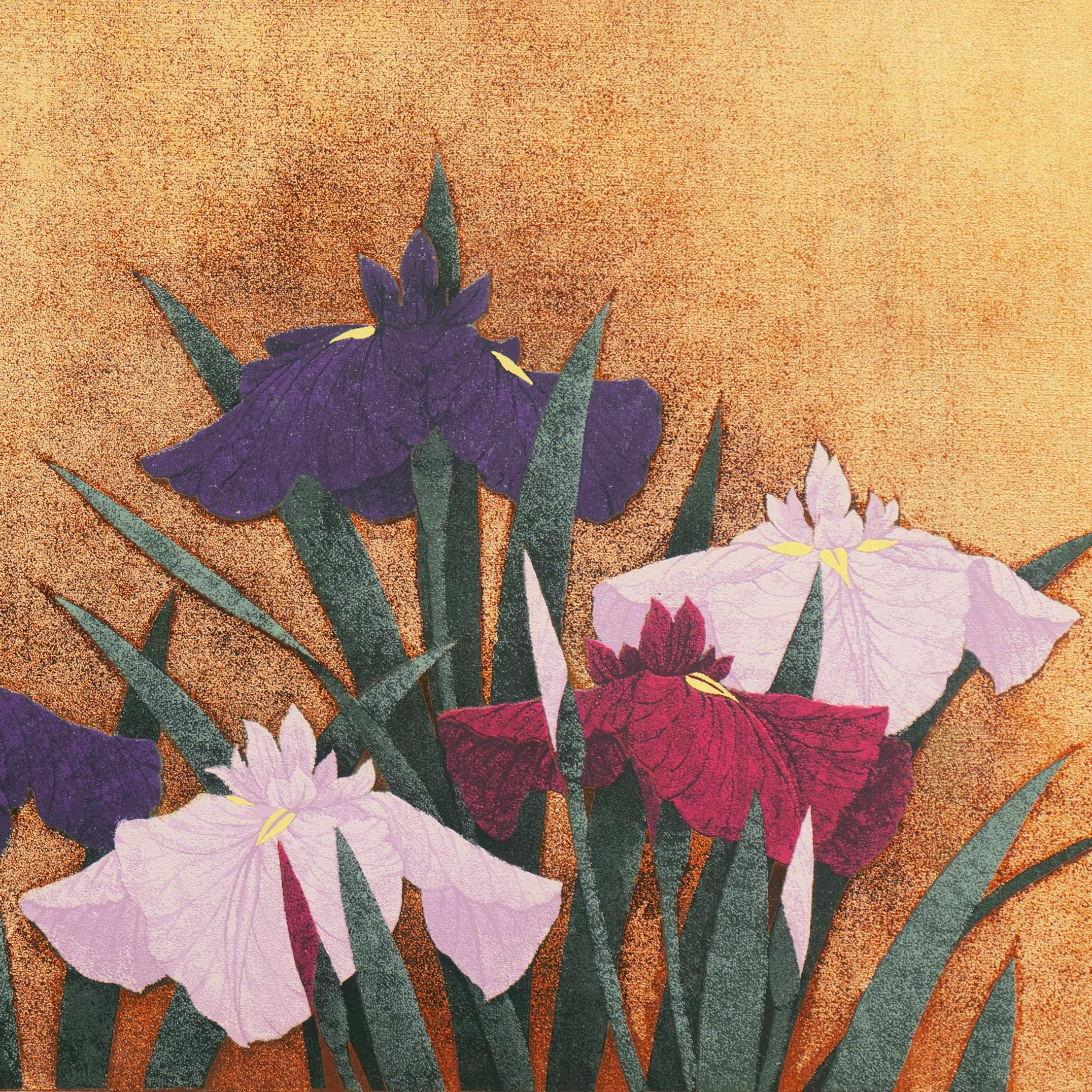 'Irises, Indigo and Gold', Kyoto National Museum, Japanese Silk Screen, Nihonga For Sale 3