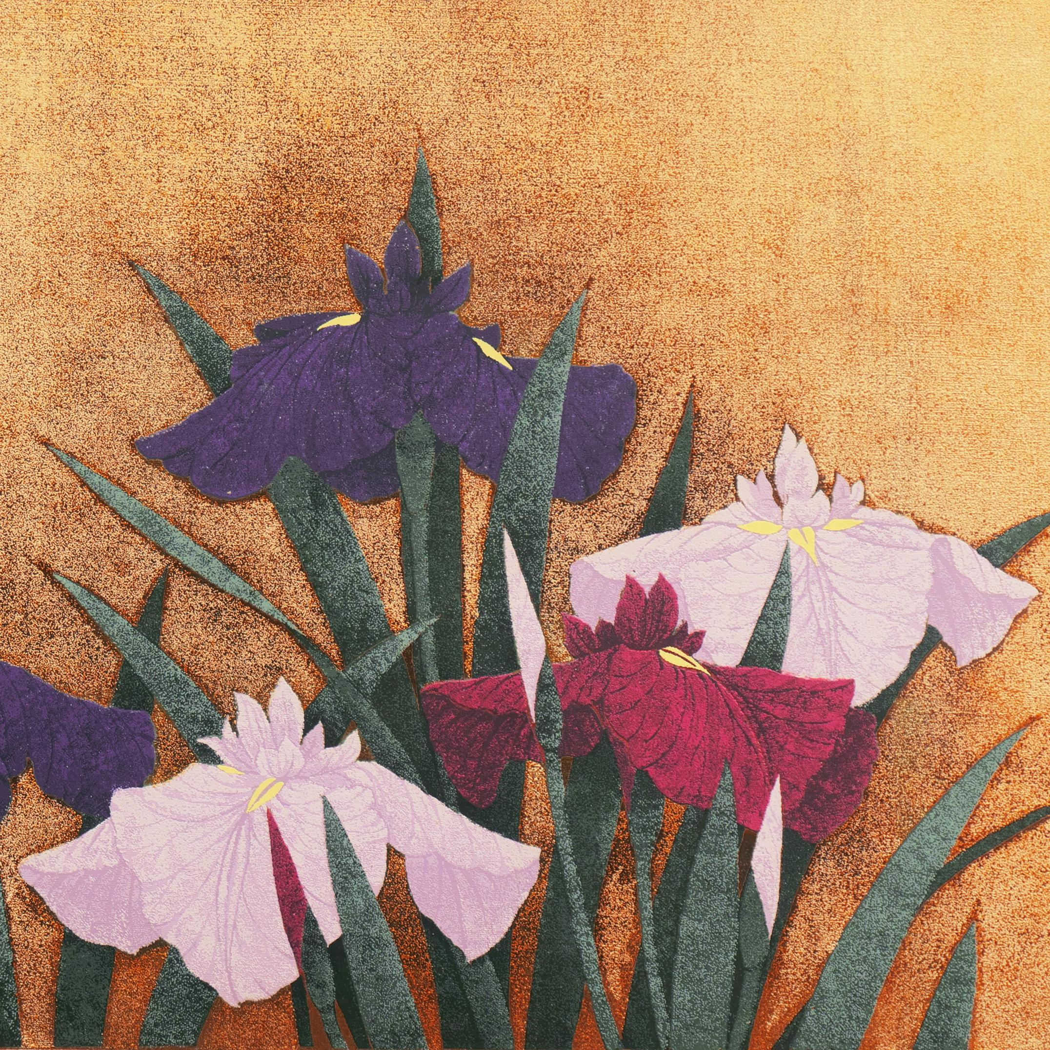 Signed lower right, in graphite, 'K. Suguira' for Kazutoshi Sugiura (Japanese, born 1938) and dated 1992. Titled lower left, in Kanji, 'Hanashōbu' (Japanese Iris) with number and limitation, '79/80'.  Sheet dimensions: 18.5 x 27 inches

Printmaker