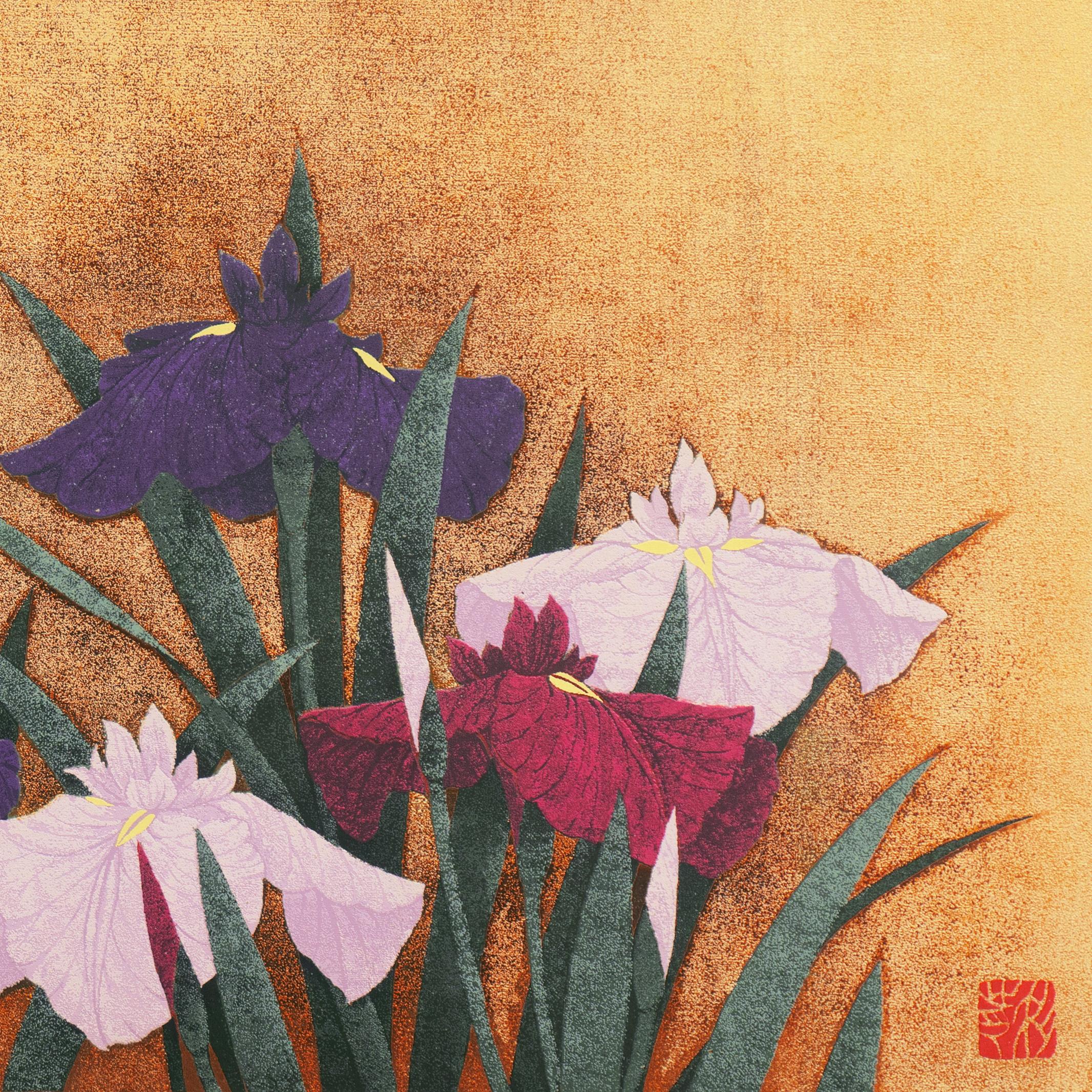 'Irises, Indigo and Gold', Kyoto National Museum, Japanese Silk Screen, Nihonga For Sale 1