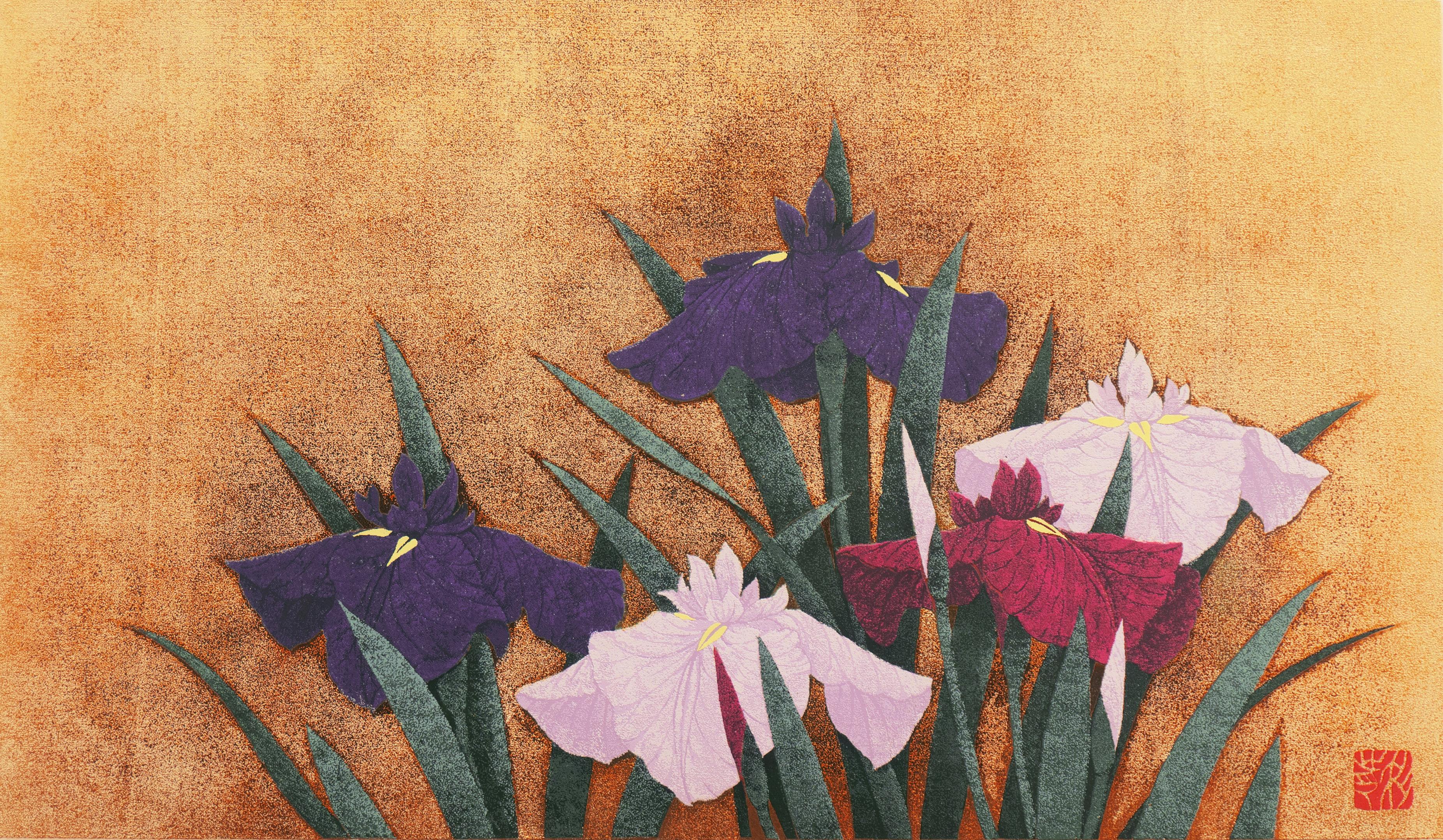 Kazutoshi Sugiura Still-Life Print - 'Irises, Indigo and Gold', Kyoto National Museum, Japanese Silk Screen, Nihonga