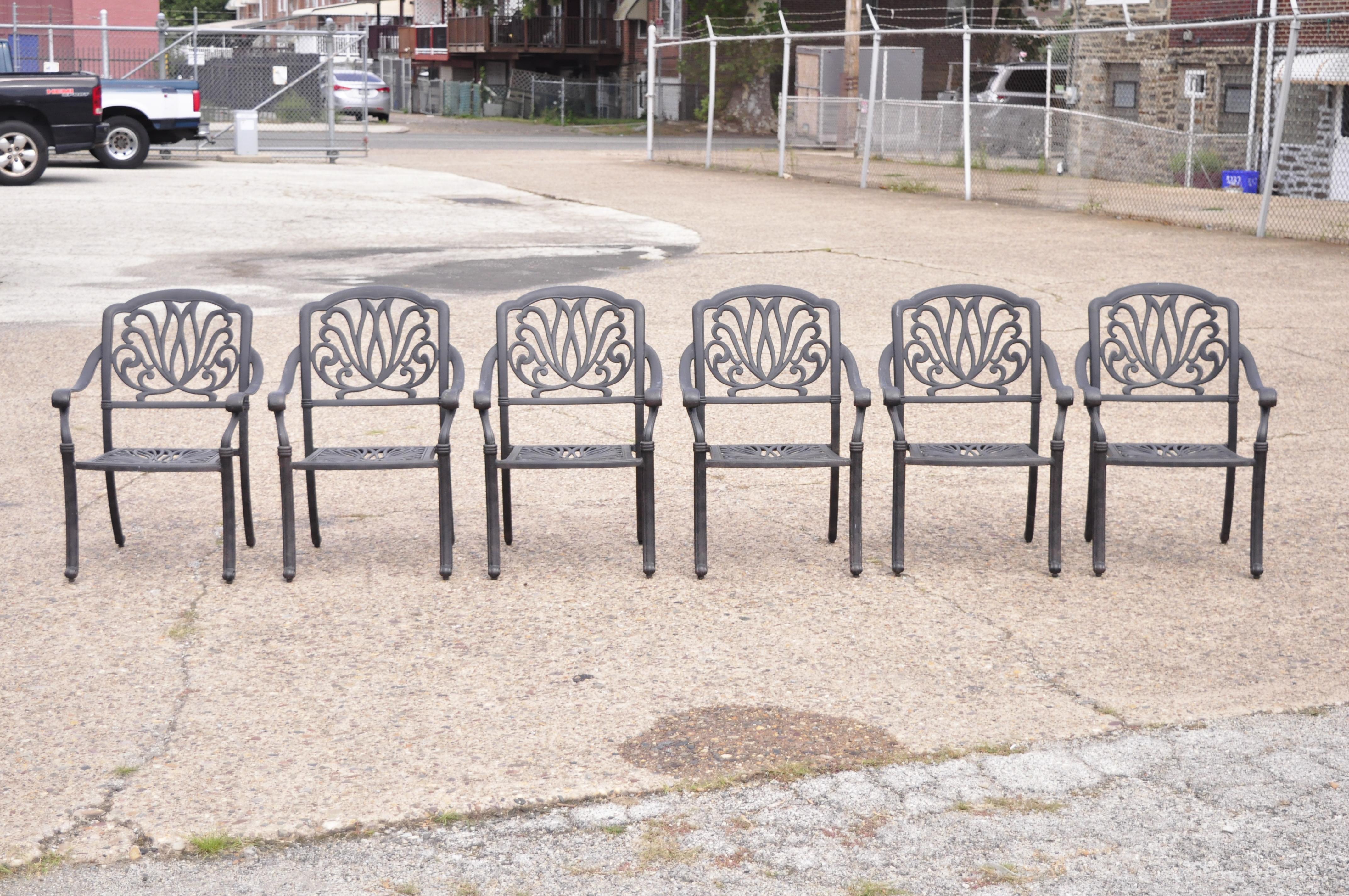 KB Patio Elizabeth Collection aluminum garden patio dining arm chairs - Set of 6. Item features (6) armchairs, scrolling design, lattice back and seats, tapered legs, very nice set, great style and form. Circa 21st Century, Pre-owned. Measurements: