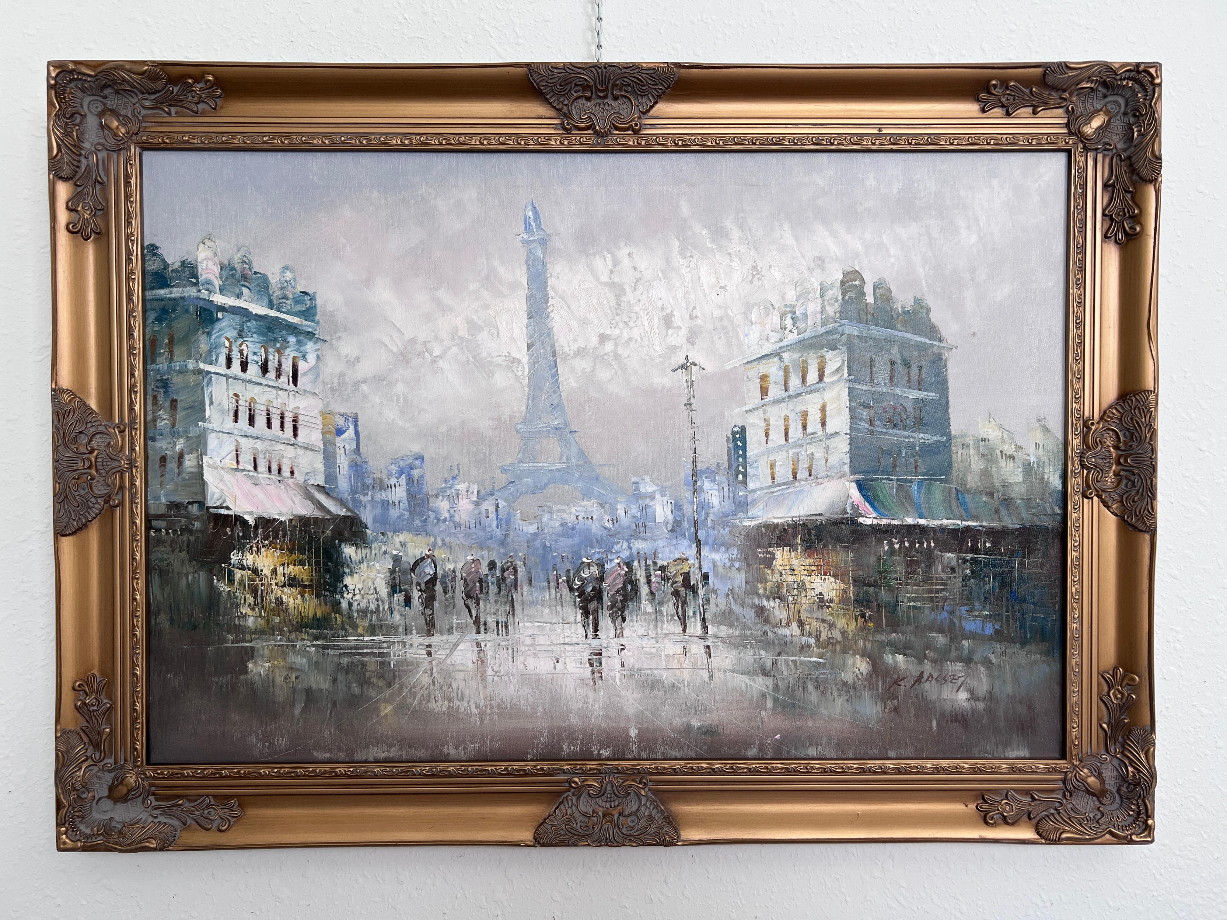 Original Ölgemälde auf Leinwand Frankreich, Paris, Eiffelturm, K. Basset, Gerahmt – Painting von K.Basset