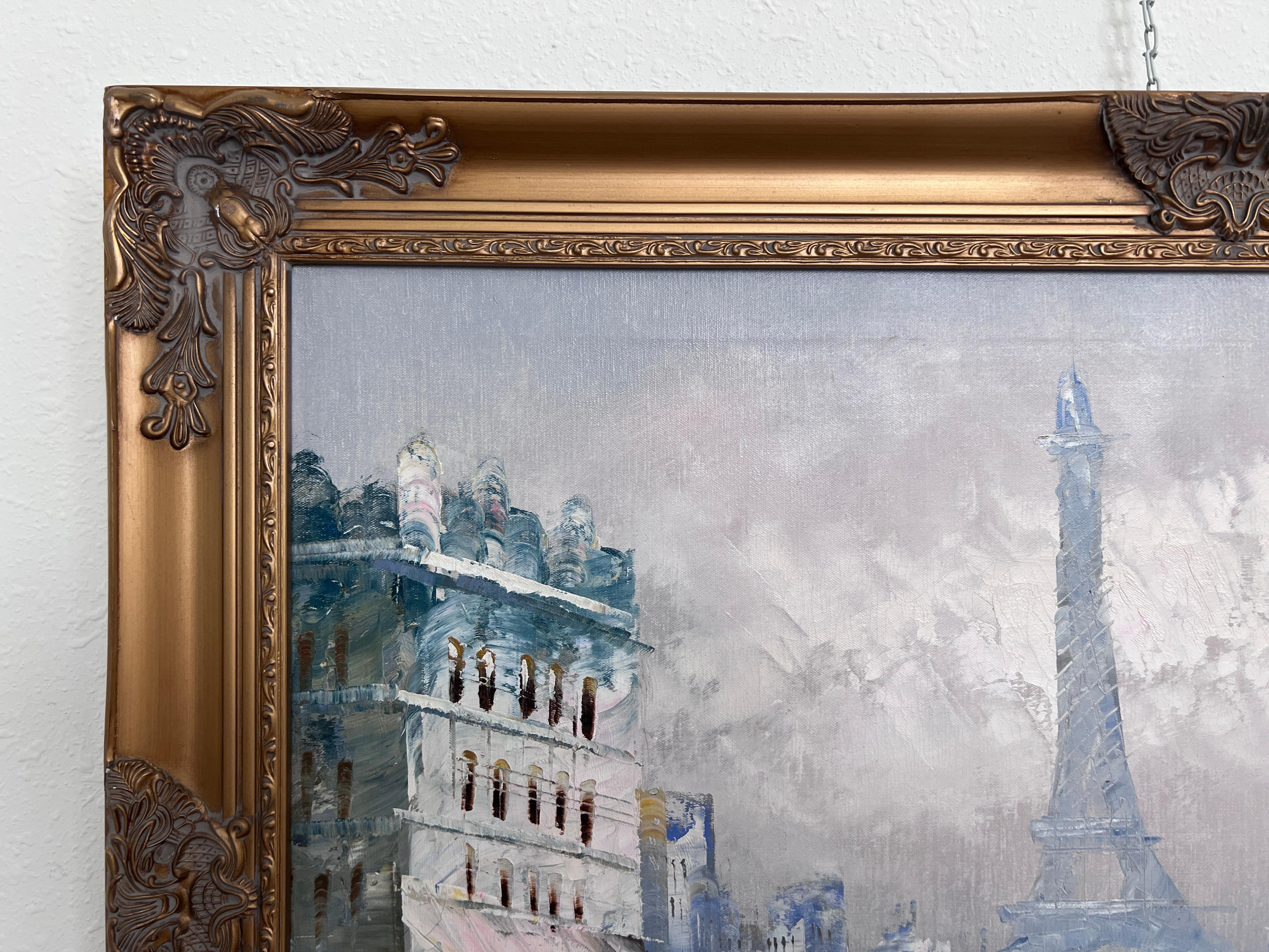 Fangen Sie die Romantik von Paris mit diesem eleganten Original-Ölgemälde auf Leinwand ein, signiert vom Künstler K. Basset. Die wunderschön impressionistische Ansicht des Eiffelturms wird durch strukturierte Pinselstriche, stimmungsvolle Farben und