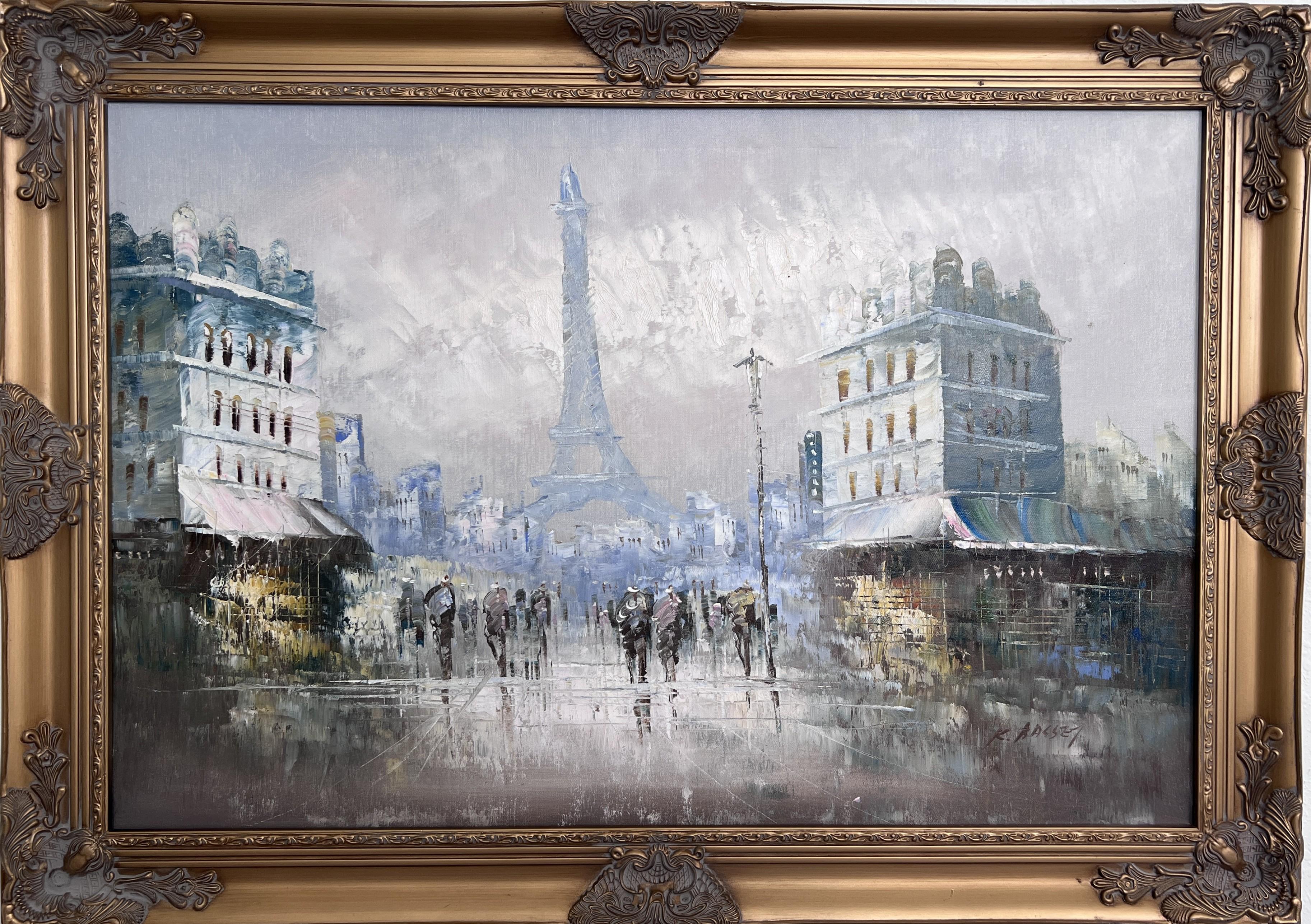 K.Basset Landscape Painting – Original Ölgemälde auf Leinwand Frankreich, Paris, Eiffelturm, K. Basset, Gerahmt