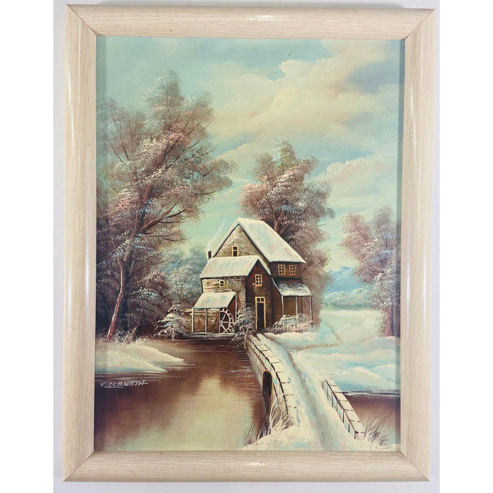 K. Bernath Outdoor Snow Scene Oil on Canvas Painting - Beige Landscape Painting by K.Bernath