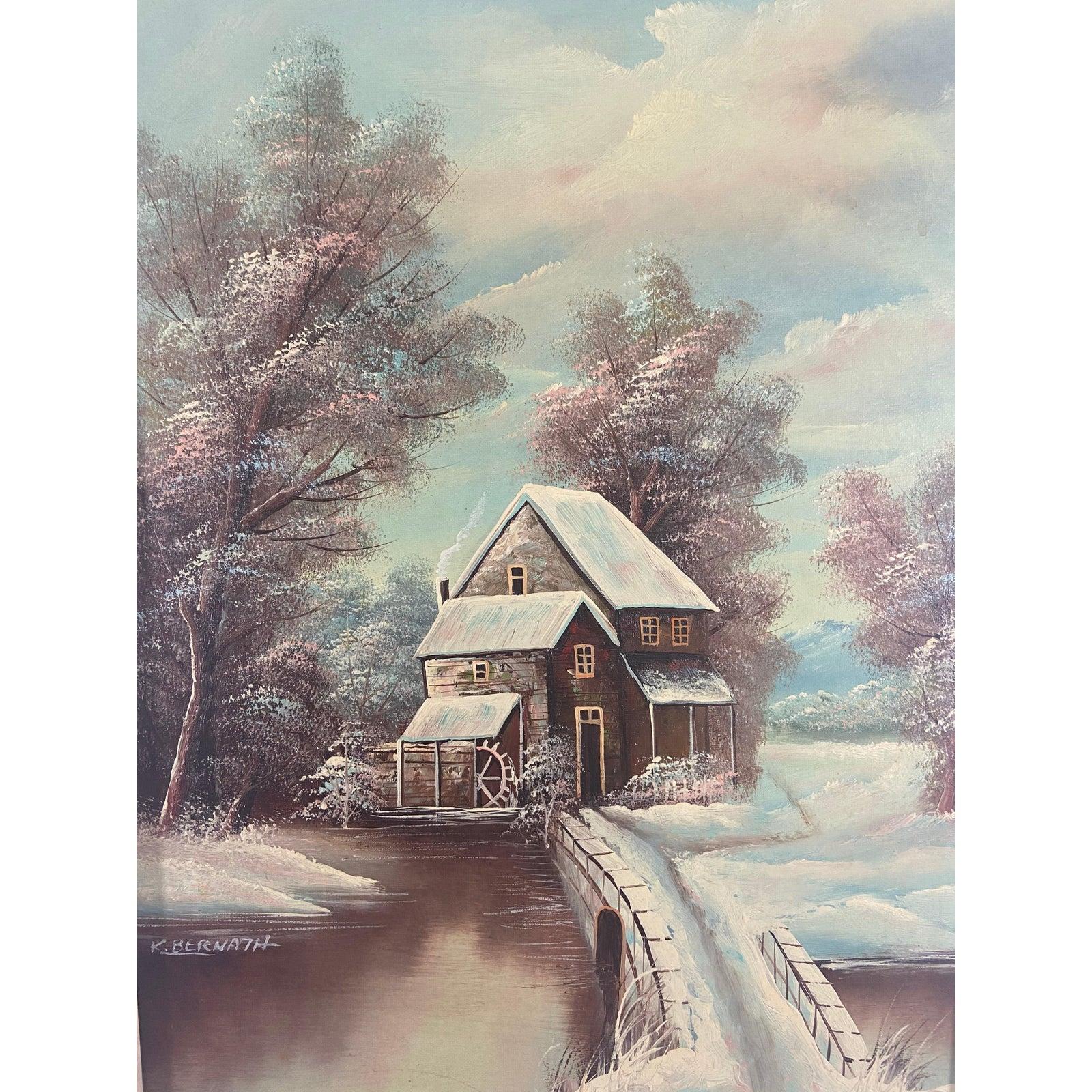 A landscape snowy scene by K.Bernath. The day snowy scene depicts a house / cabin in the middle of the snowy woods with a blue sky. The painting is framed. 

Dimensions
Framed: 17.75