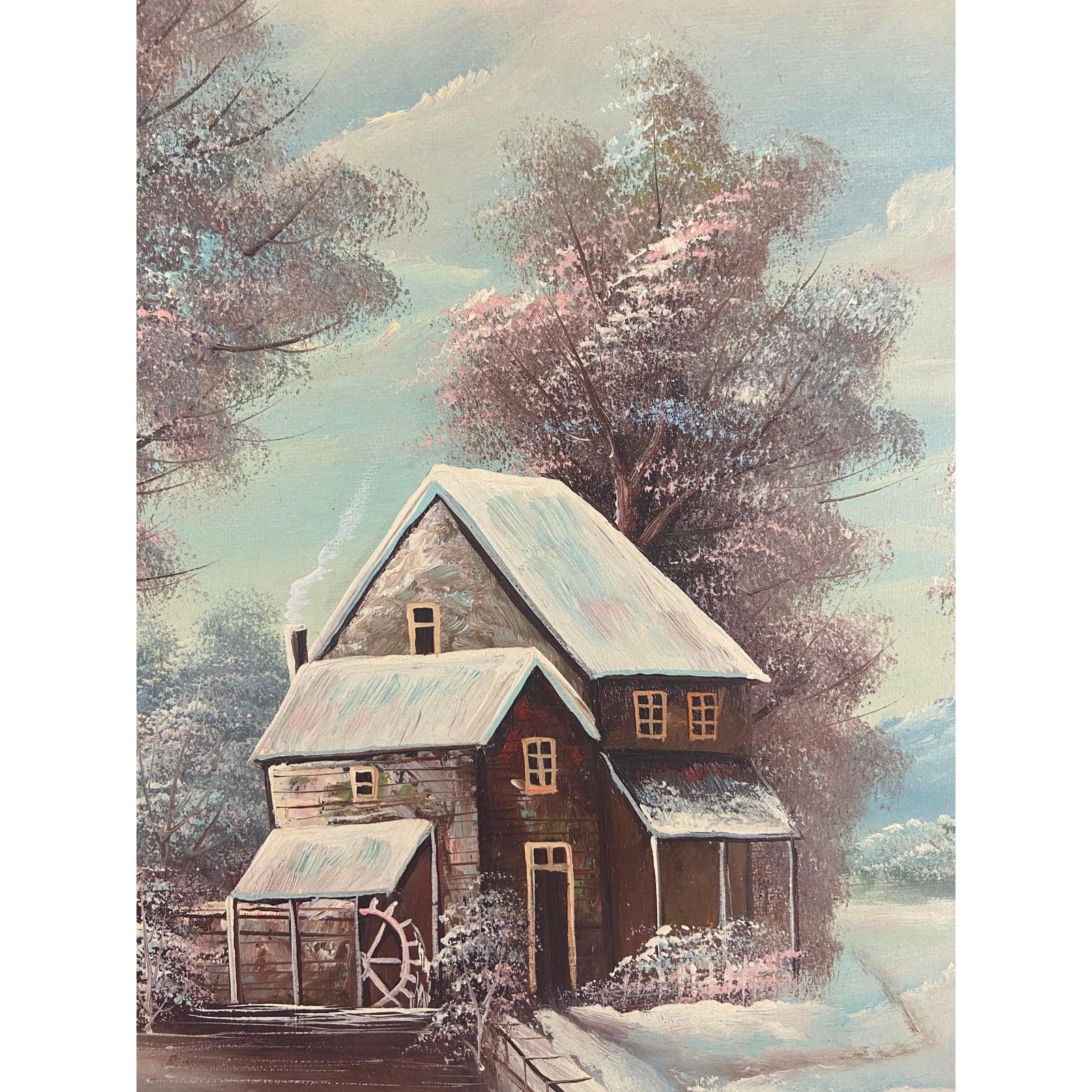 K. Bernath Outdoor Snow Scene Peinture à l'huile sur toile - Beige Landscape Painting par K.Bernath