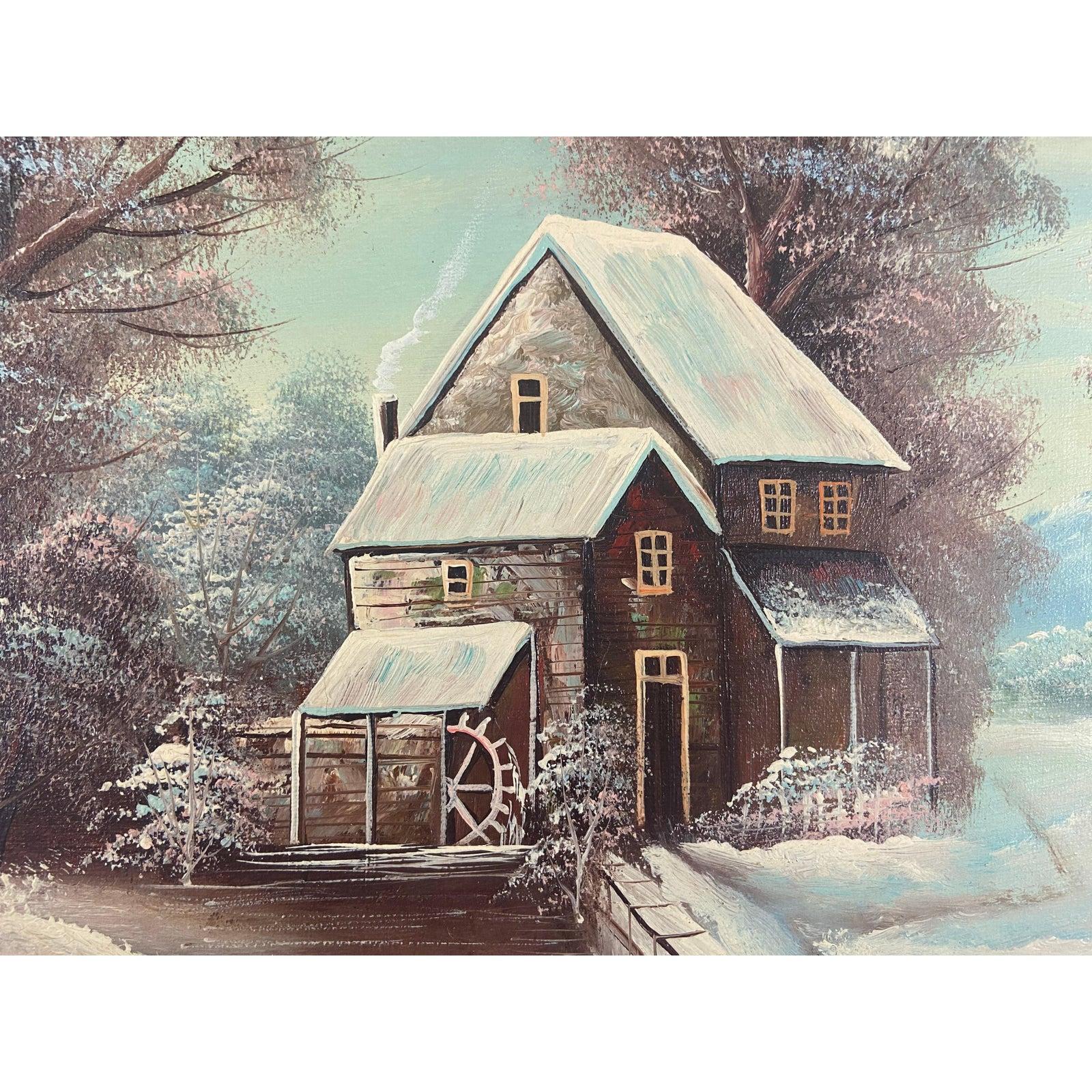 Eine verschneite Landschaftsszene von K.Bernath. Die verschneite Tagesszene zeigt ein Haus / eine Hütte inmitten des verschneiten Waldes mit blauem Himmel. Das Gemälde ist gerahmt. 

Abmessungen
Gerahmt: 17,75