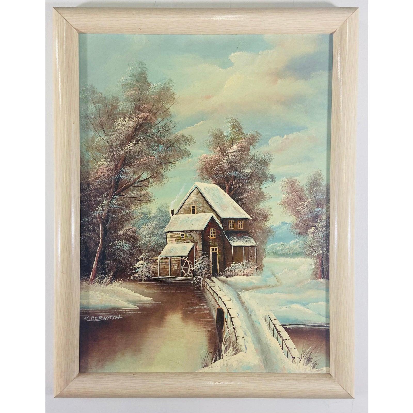 K. Bernath Outdoor Snow Scene Oil on Canvas Painting