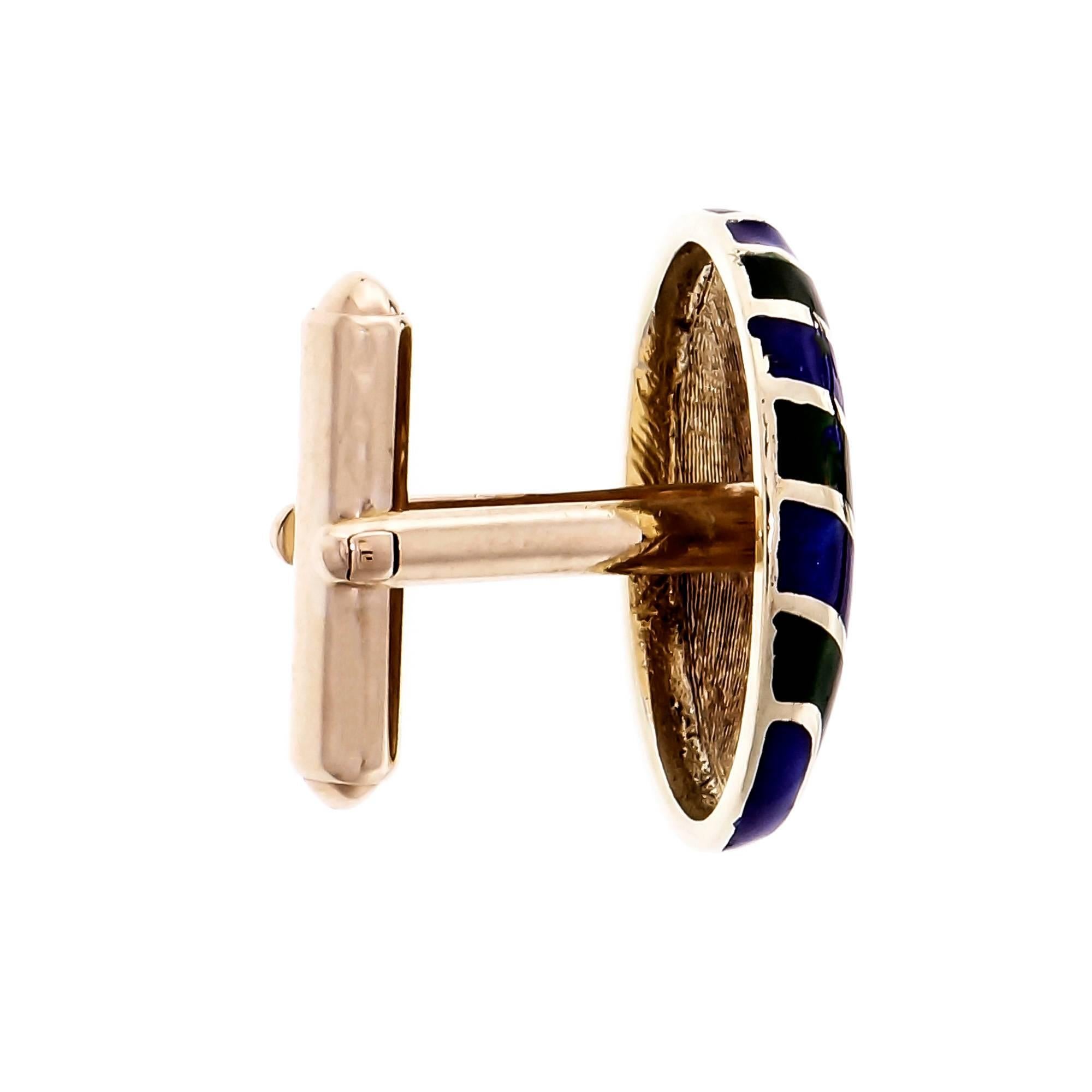 KBJC Blau Grün Emaille Gold Manschettenknöpfe im Zustand „Gut“ im Angebot in Stamford, CT