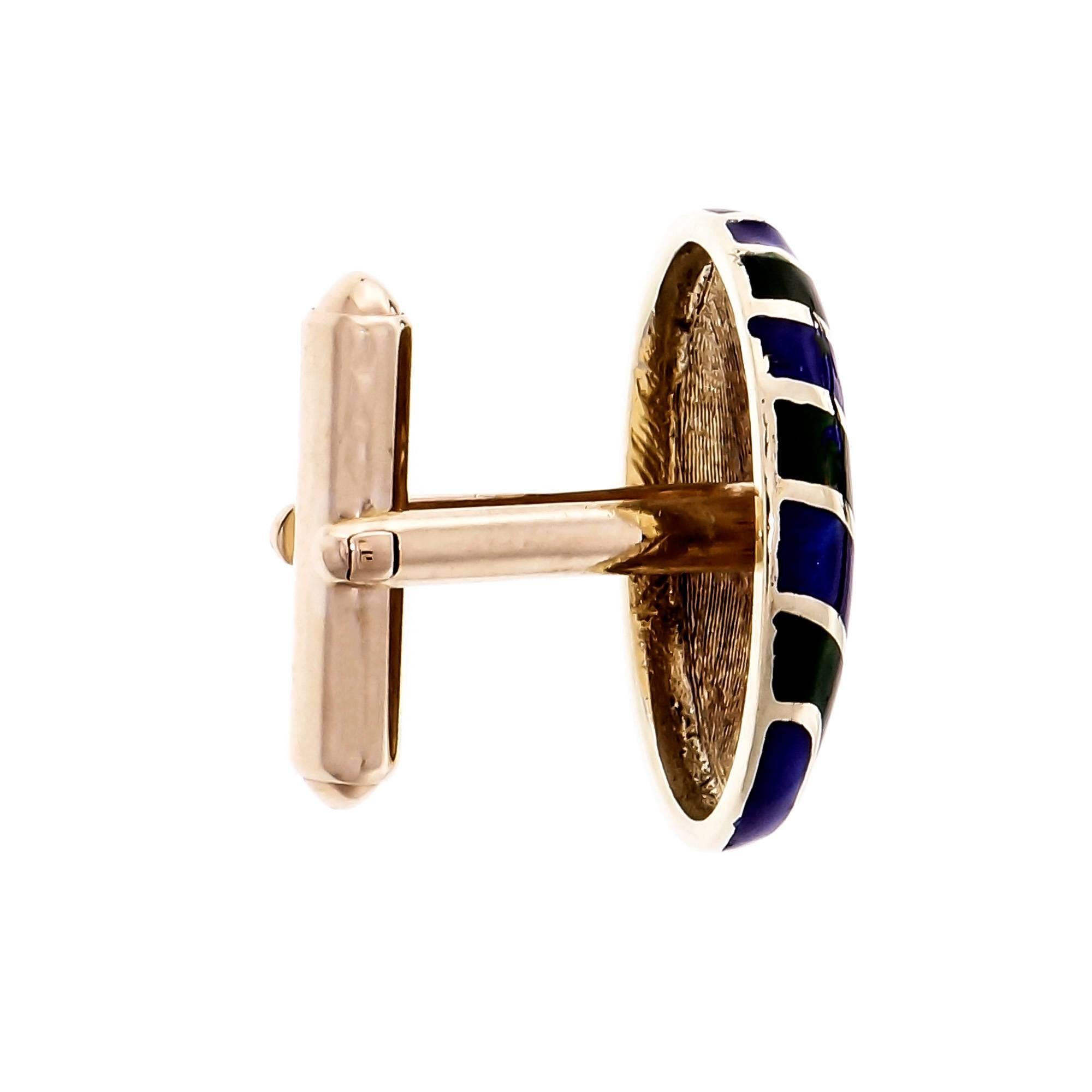 KBJC Blue Green Enamel Gold Cufflinks In Good Condition For Sale In Stamford, CT