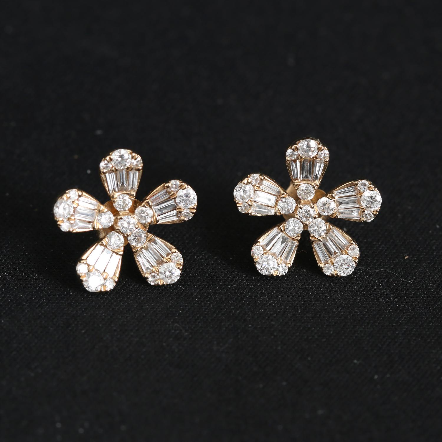 KC Design Diamond Flower Studs 1.51 cts.  - 14K Yellow gold studs with 72 round and baguette diamonds weighing 1.51 cts. Total length is 1/2 inch. SI1-S2-clarity and H-I-color diamonds. Pre-owned with custom box .