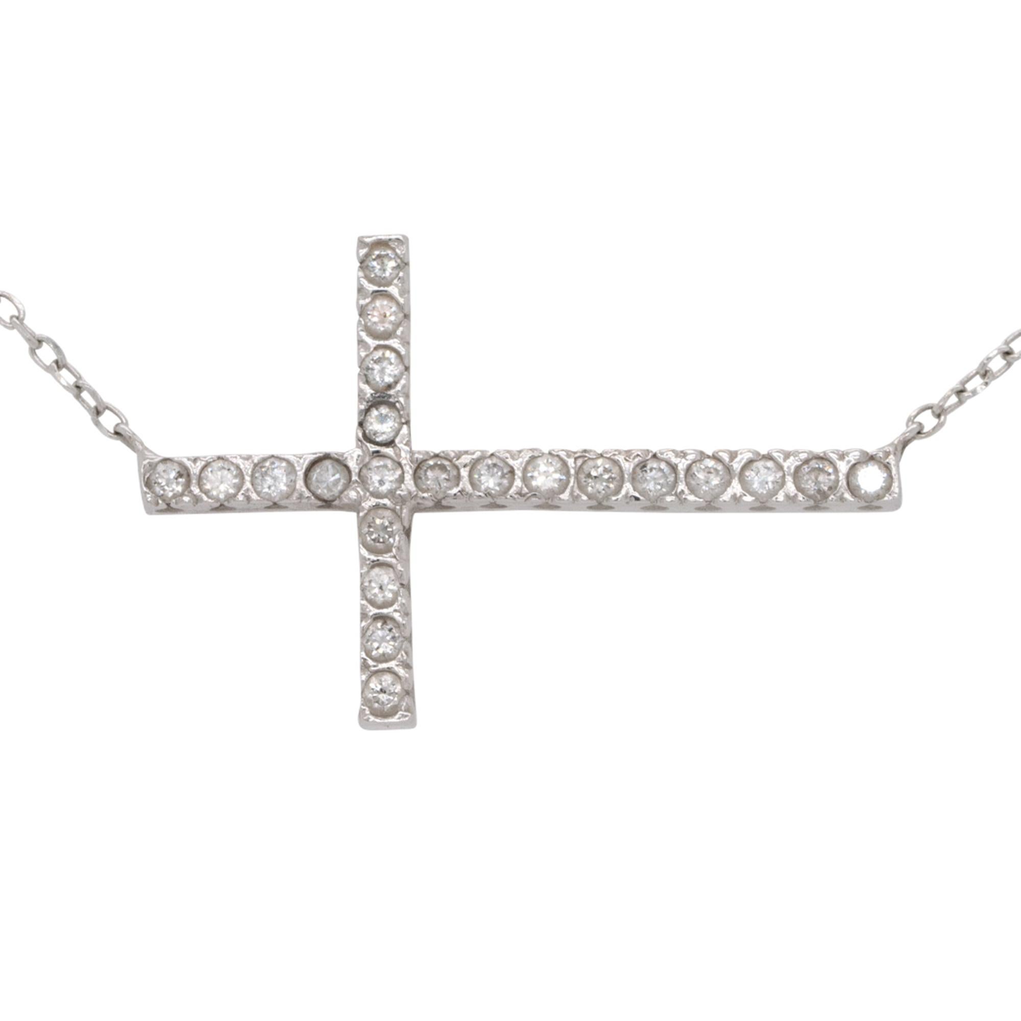 Material: 14k white gold
Diamond Details: Approx 0.19ctw of Round cut Diamonds. Diamonds are G/H in color and VS in clarity. 22 stones
Pendant Measurements: 22m x 1.80mm x 13.70mm Necklace is 16