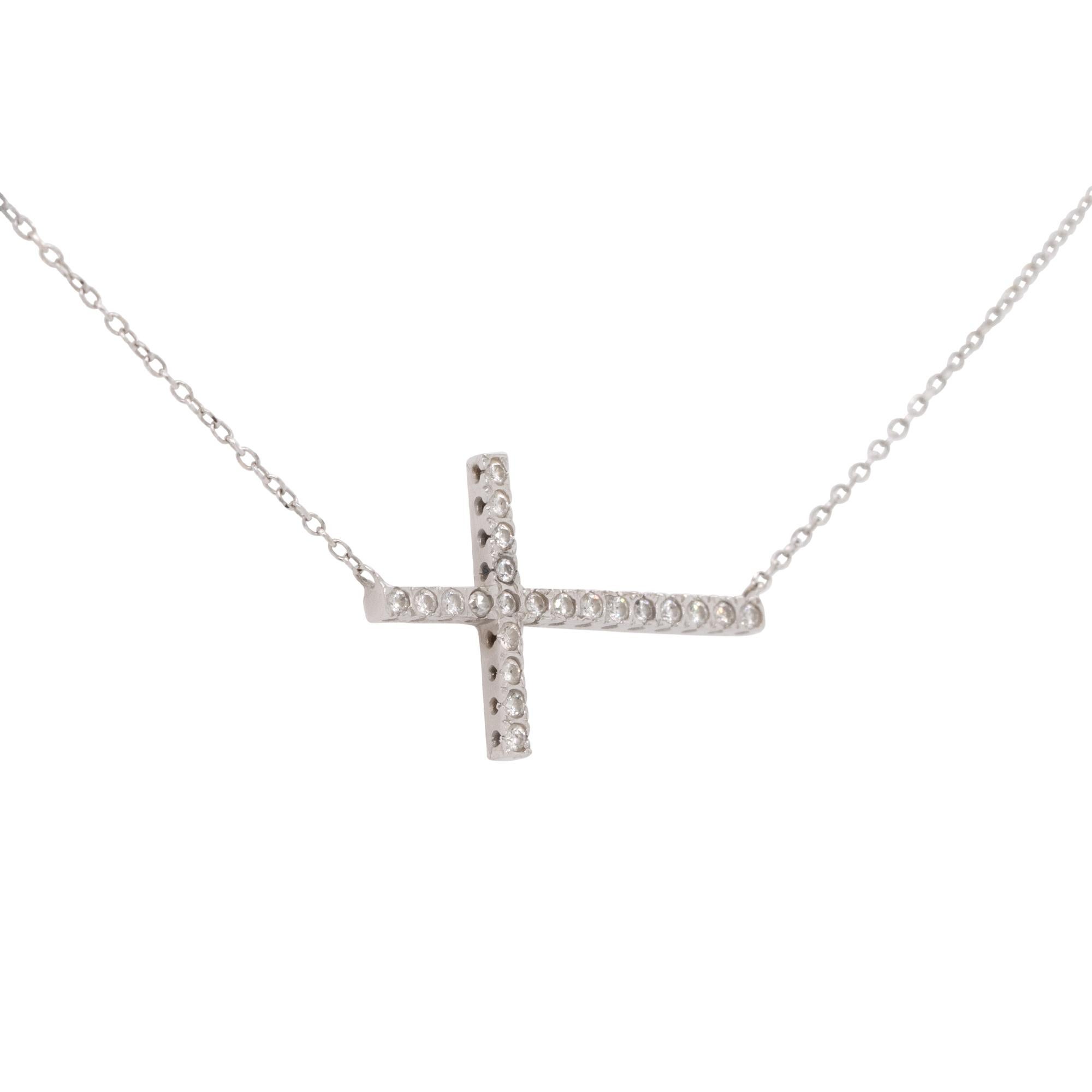 Round Cut KC Designs 0.19 Carat Diamond Sideway Cross Necklace 14 Karat In Stock For Sale