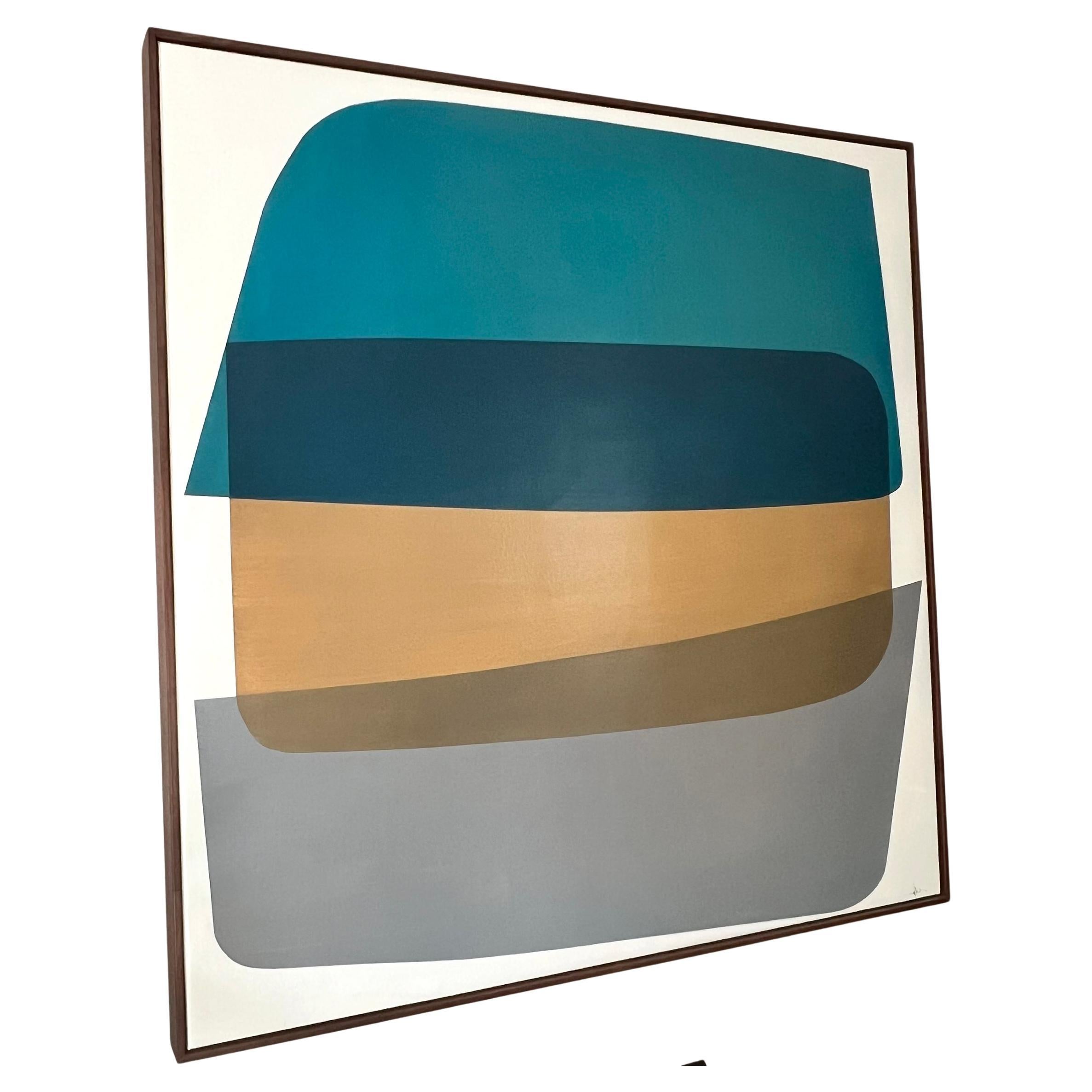 Türkisfarbenes, ockerfarbenes und graues Ölgemälde auf Leinwand von KC Haxton, einem in Kalifornien ansässigen zeitgenössischen Künstler der Moderne. Das Gemälde wurde auf Leinwand gemalt und auf ein Keilrahmengestell aufgezogen. Er misst insgesamt