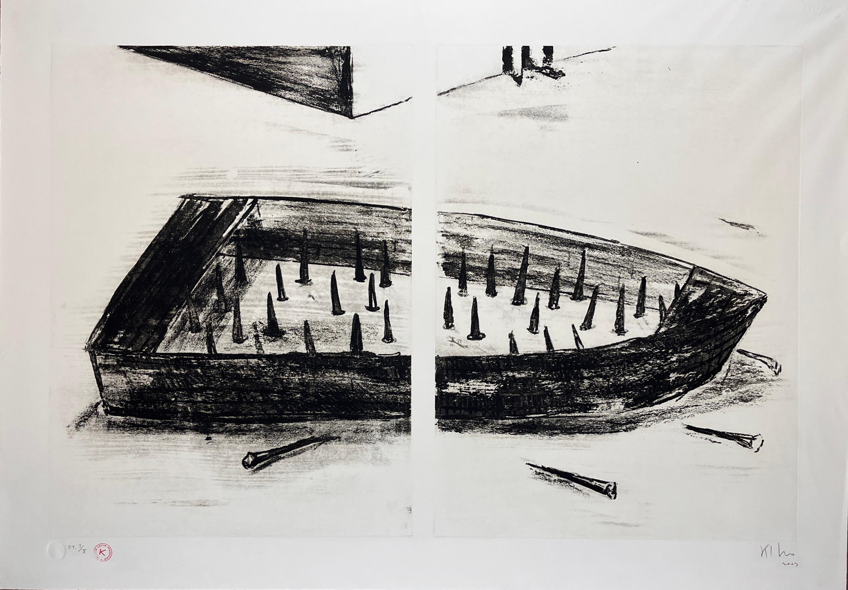 "Bote con espinas" 2003 grabado al aguatinta original firmado a mano 29x42in