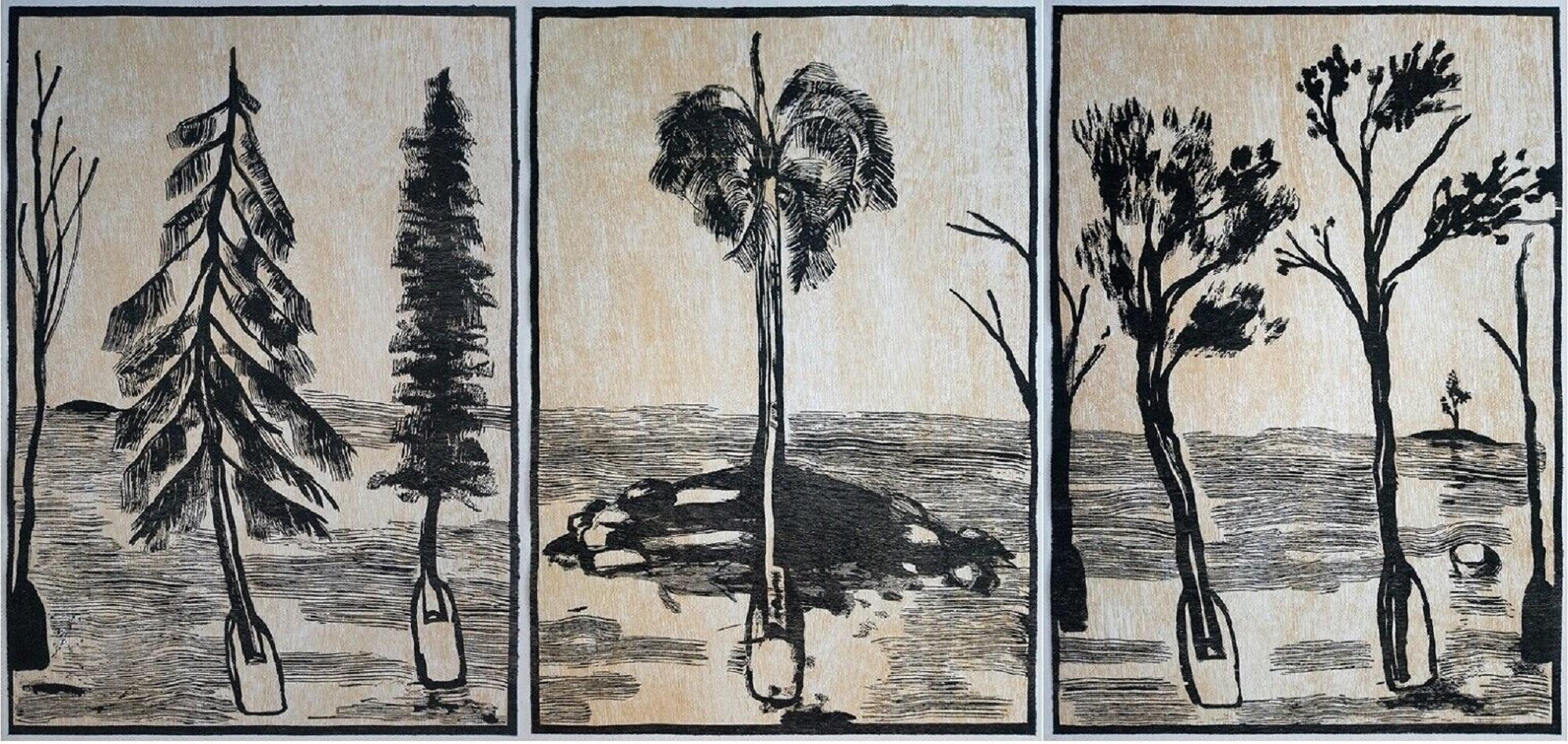 KCHO (Alexis Leyva Machado), ¨Untitled (Triptych)¨, 2019, Woodcut, 44.7x93.3 in